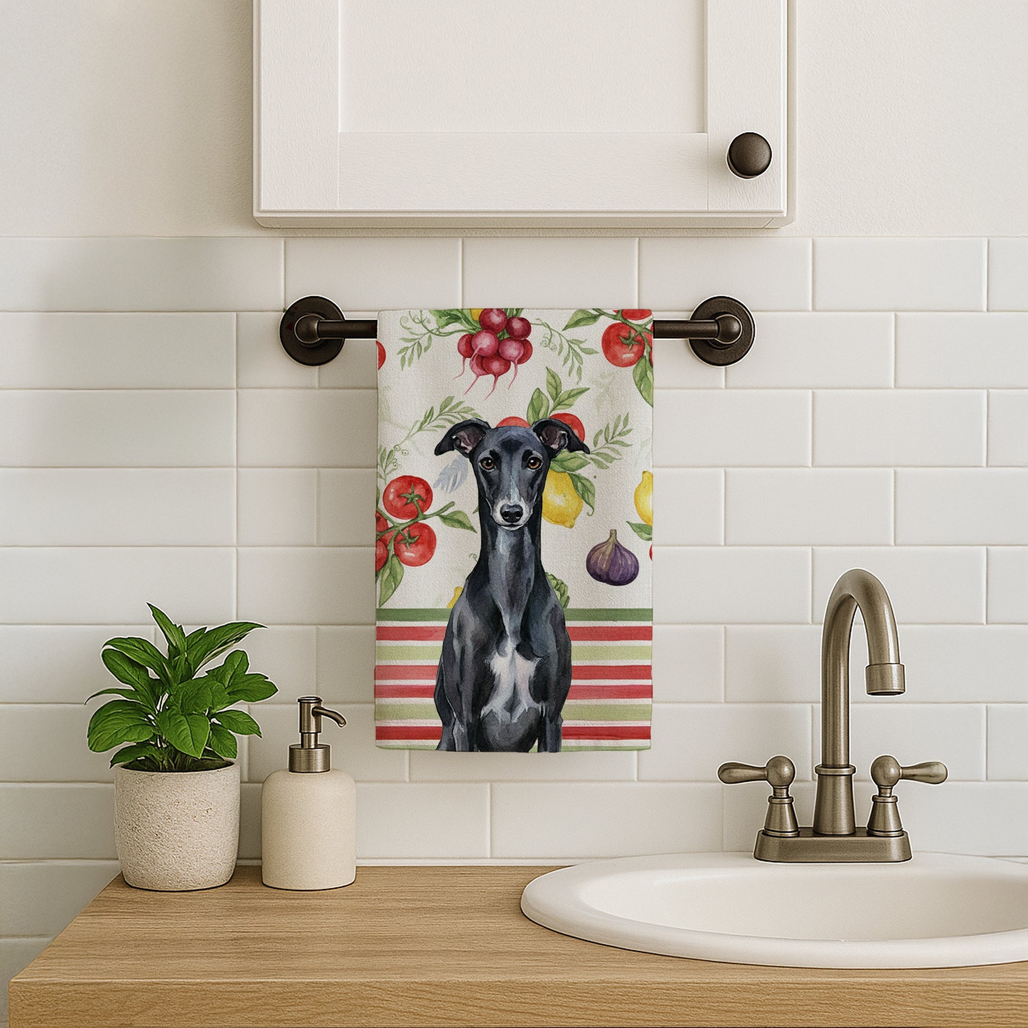 Black Whippet Vegetables Kitchen Towel Velour Plush Front and Cotton Loop Back Machine Washable