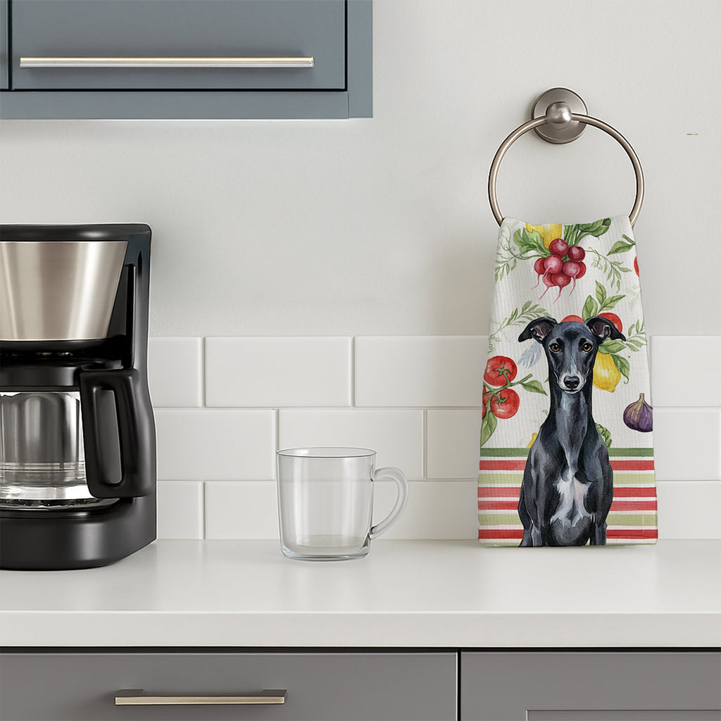 Black Whippet Vegetables Kitchen Towel Velour Plush Front and Cotton Loop Back Machine Washable