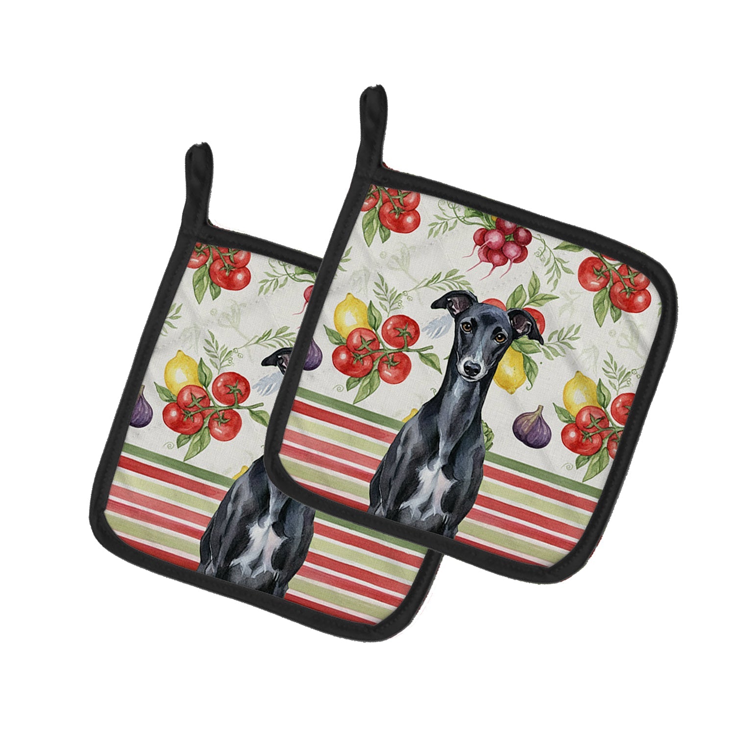 Black Whippet Vegetables Pot Holder Set of 2 Heat Resistant Quilted Hot Pads 7.5 x 7.5 Inch, Insulated Kitchen Trivets for Cooking & Baking