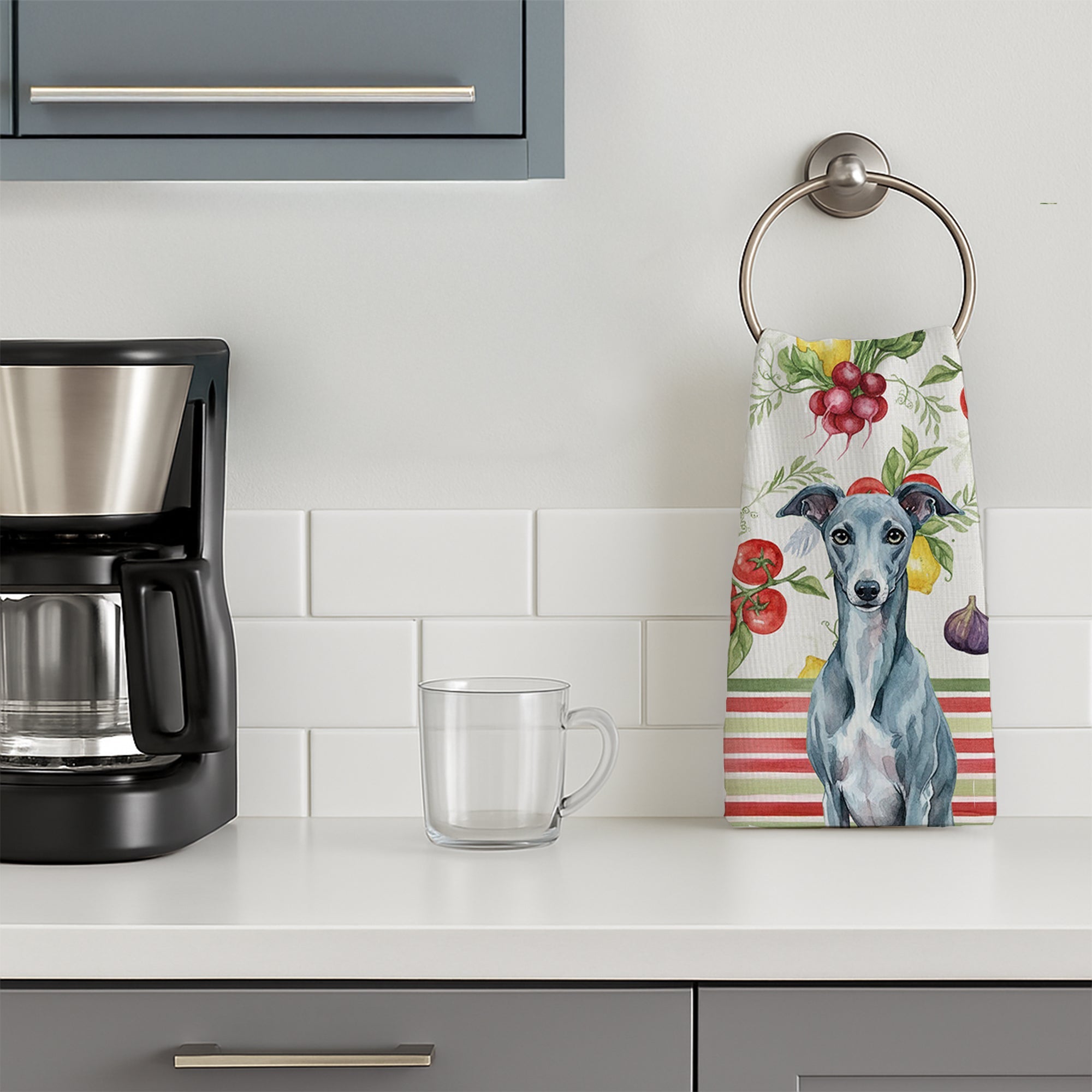 Blue Whippet Vegetables Kitchen Towel Velour Plush Front and Cotton Loop Back Machine Washable