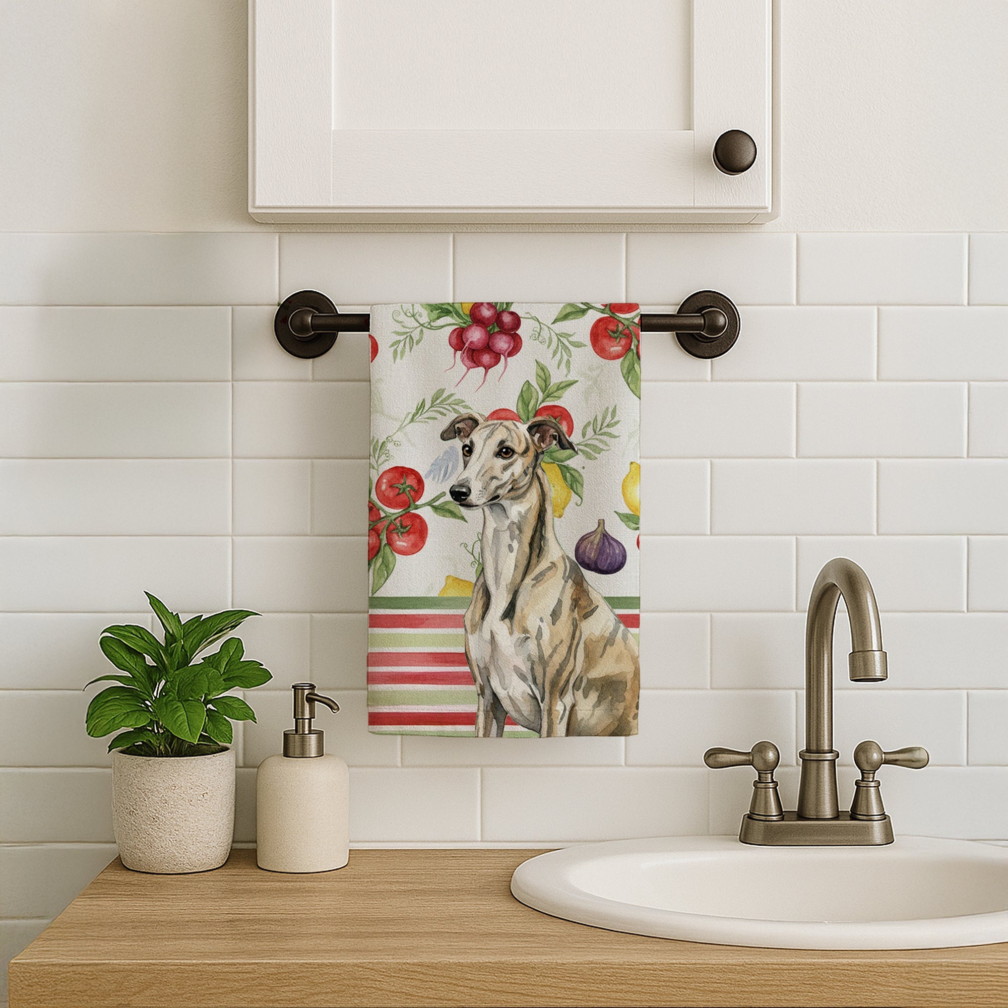Brindle Whippet Vegetables Kitchen Towel Velour Plush Front and Cotton Loop Back Machine Washable