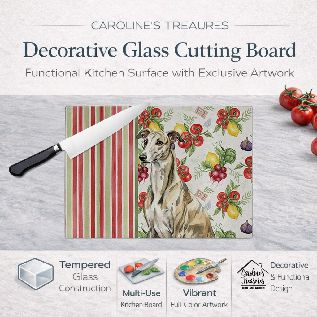 Brindle Whippet Vegetables Cutting Board Tempered Glass Kitchen Cutting Surface, Heat Resistant Chopping, Non-Slip Feet, Food Prep & Serving