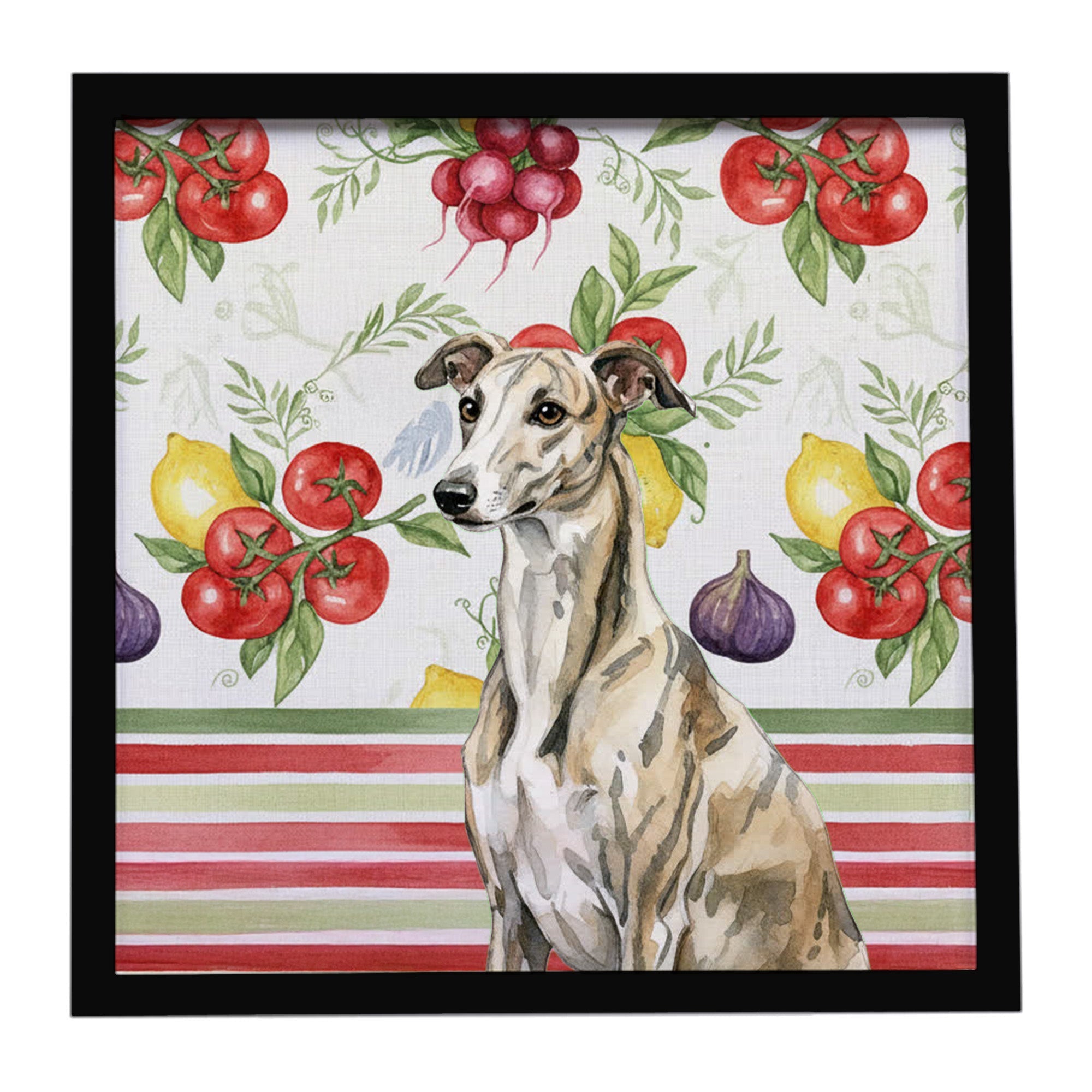 Brindle Whippet Vegetables Framed Metal Print Bathroom, Kitchen, Office, Home Decor Wall Art Ready to Hang, Square, 8X8