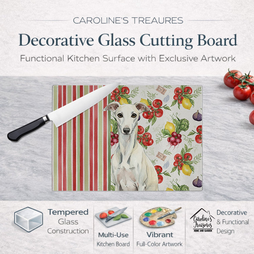 White Whippet Vegetables Cutting Board Tempered Glass Kitchen Cutting Surface, Heat Resistant Chopping, Non-Slip Feet, Food Prep & Serving