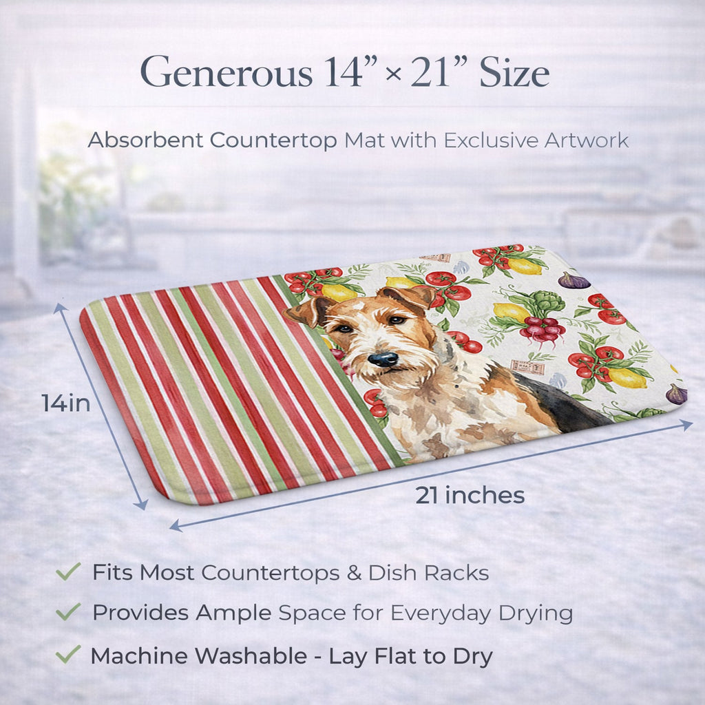Wire Fox Terrier Vegetables Dish Drying Mat Absorbent Dish Drying Mat Pad for Kitchen Counter Dish Drainer Mat for Countertop, 14 x 21", Multicolor
