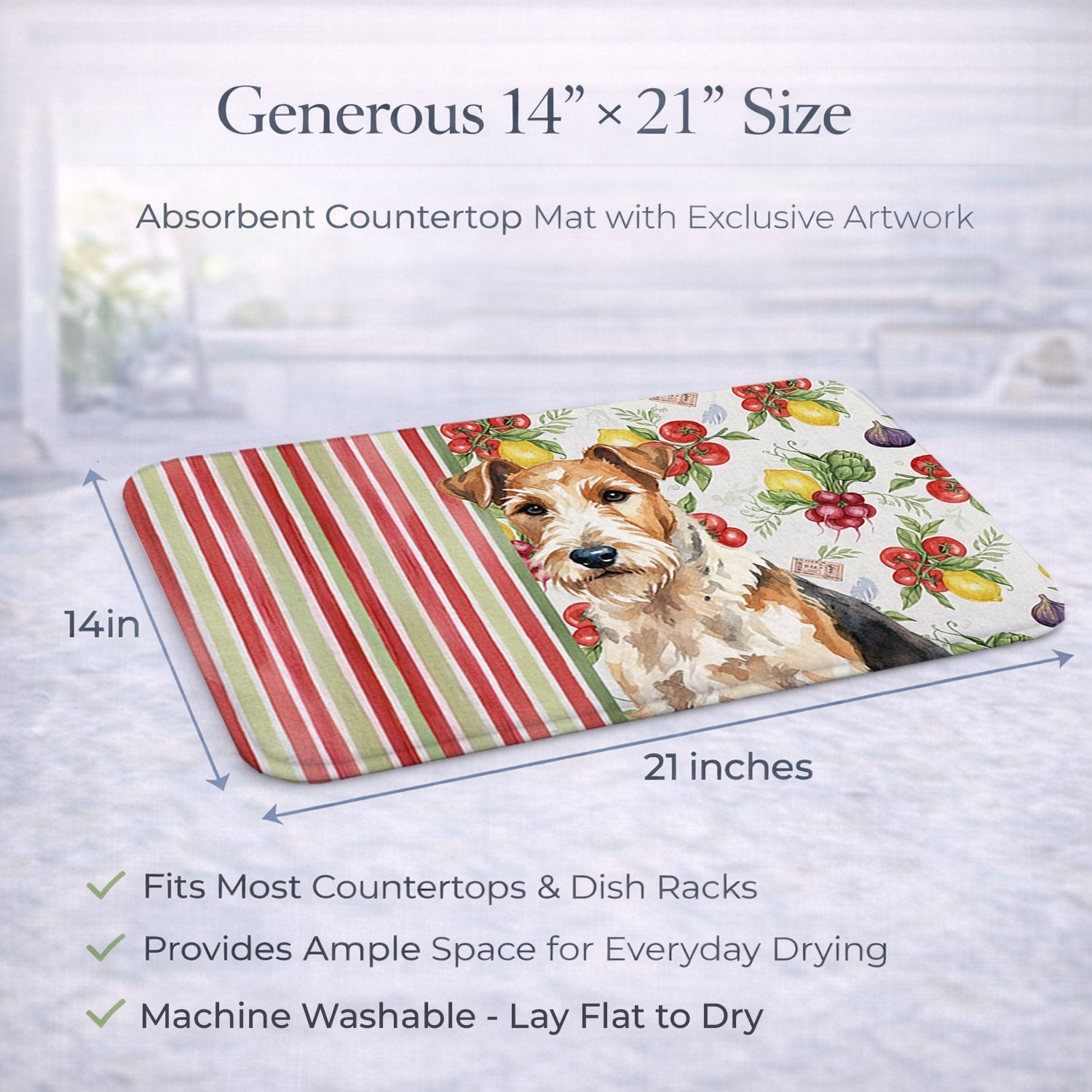 Wire Fox Terrier Vegetables Dish Drying Mat Absorbent Dish Drying Mat Pad for Kitchen Counter Dish Drainer Mat for Countertop, 14 x 21", Multicolor
