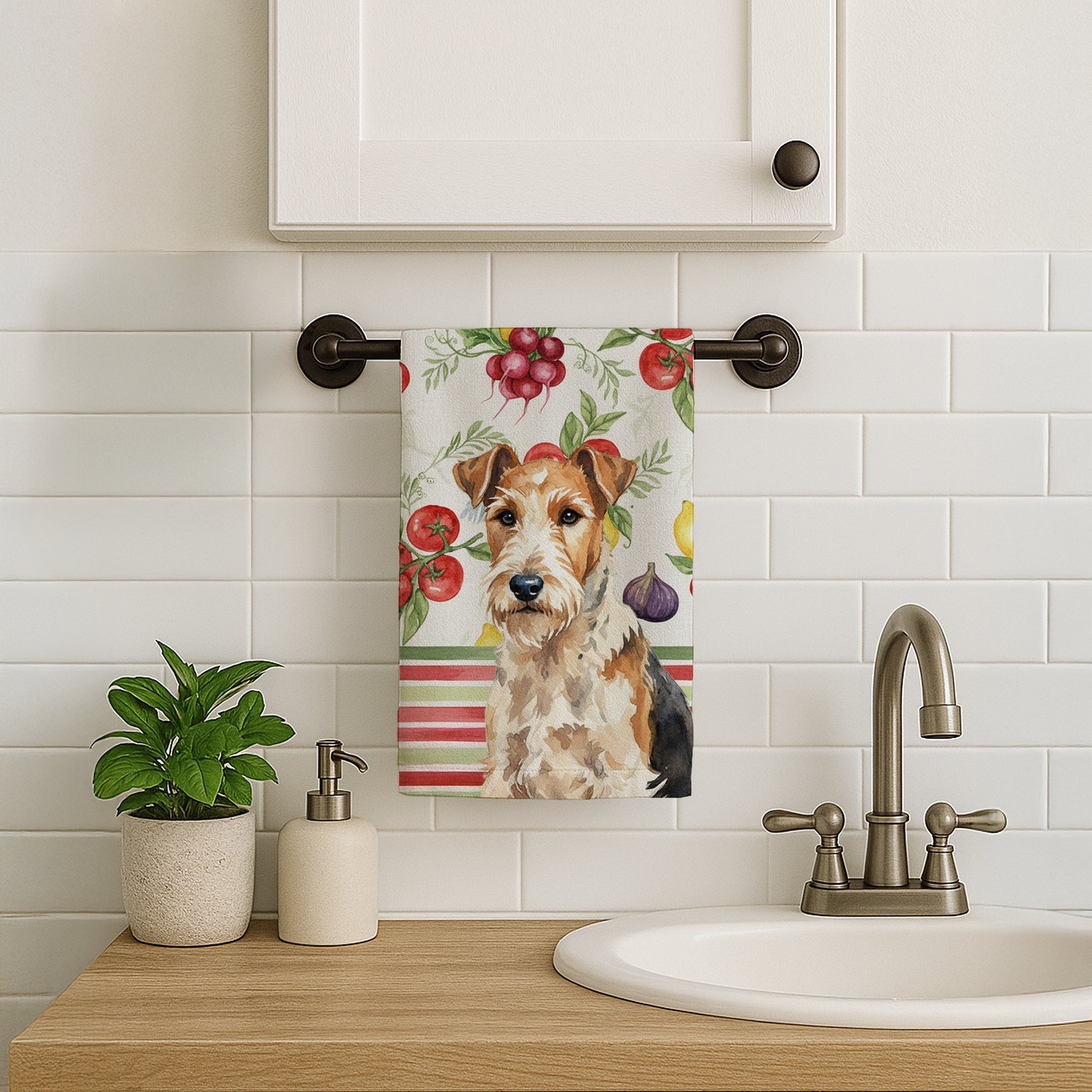 Wire Fox Terrier Vegetables Kitchen Towel Velour Plush Front and Cotton Loop Back Machine Washable