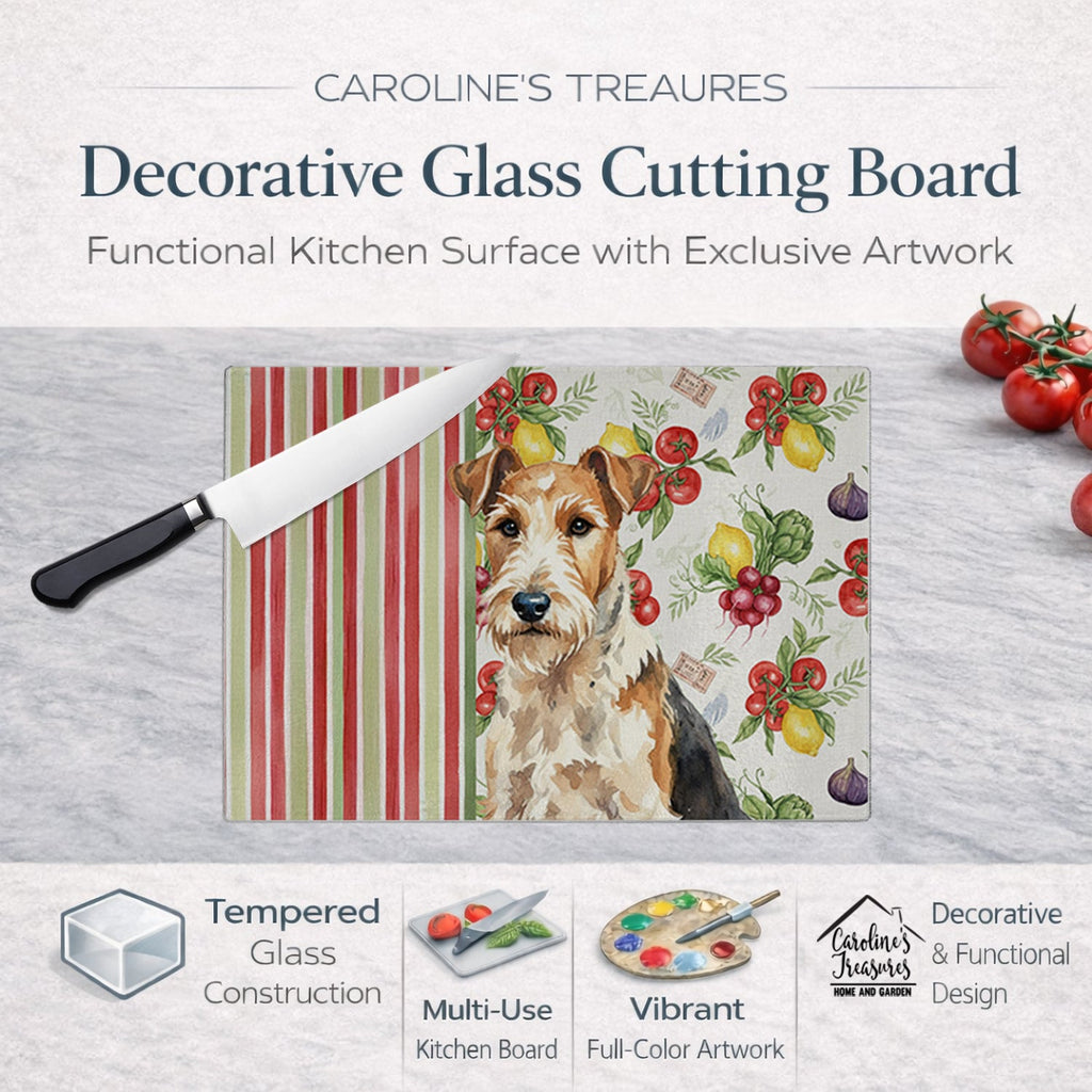 Wire Fox Terrier Vegetables Cutting Board Tempered Glass Kitchen Cutting Surface, Heat Resistant Chopping, Non-Slip Feet, Food Prep & Serving