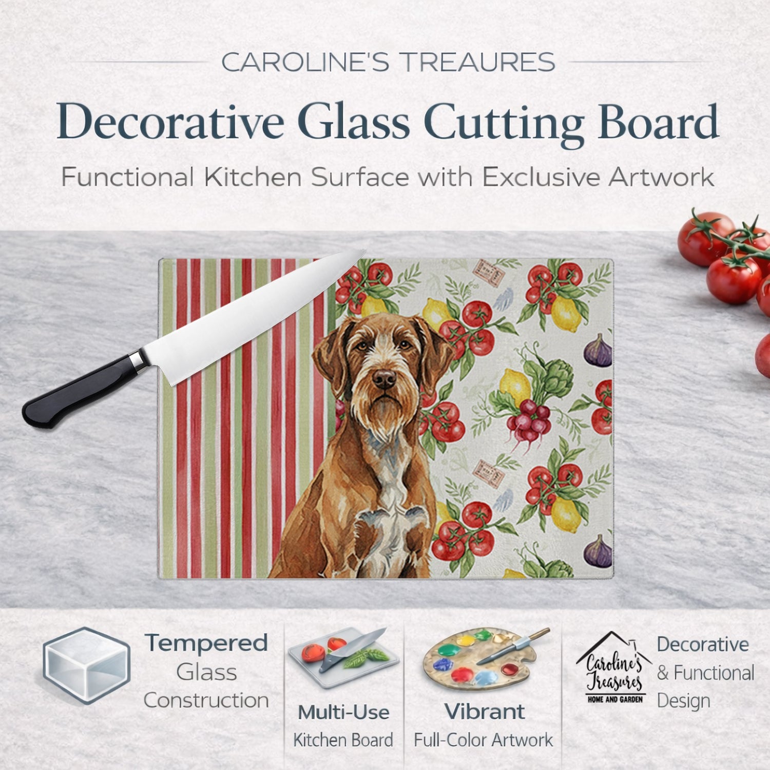 Wirehaired Pointing Griffon Vegetables Cutting Board Tempered Glass Kitchen Cutting Surface, Heat Resistant Chopping, Non-Slip Feet, Food Prep & Serving