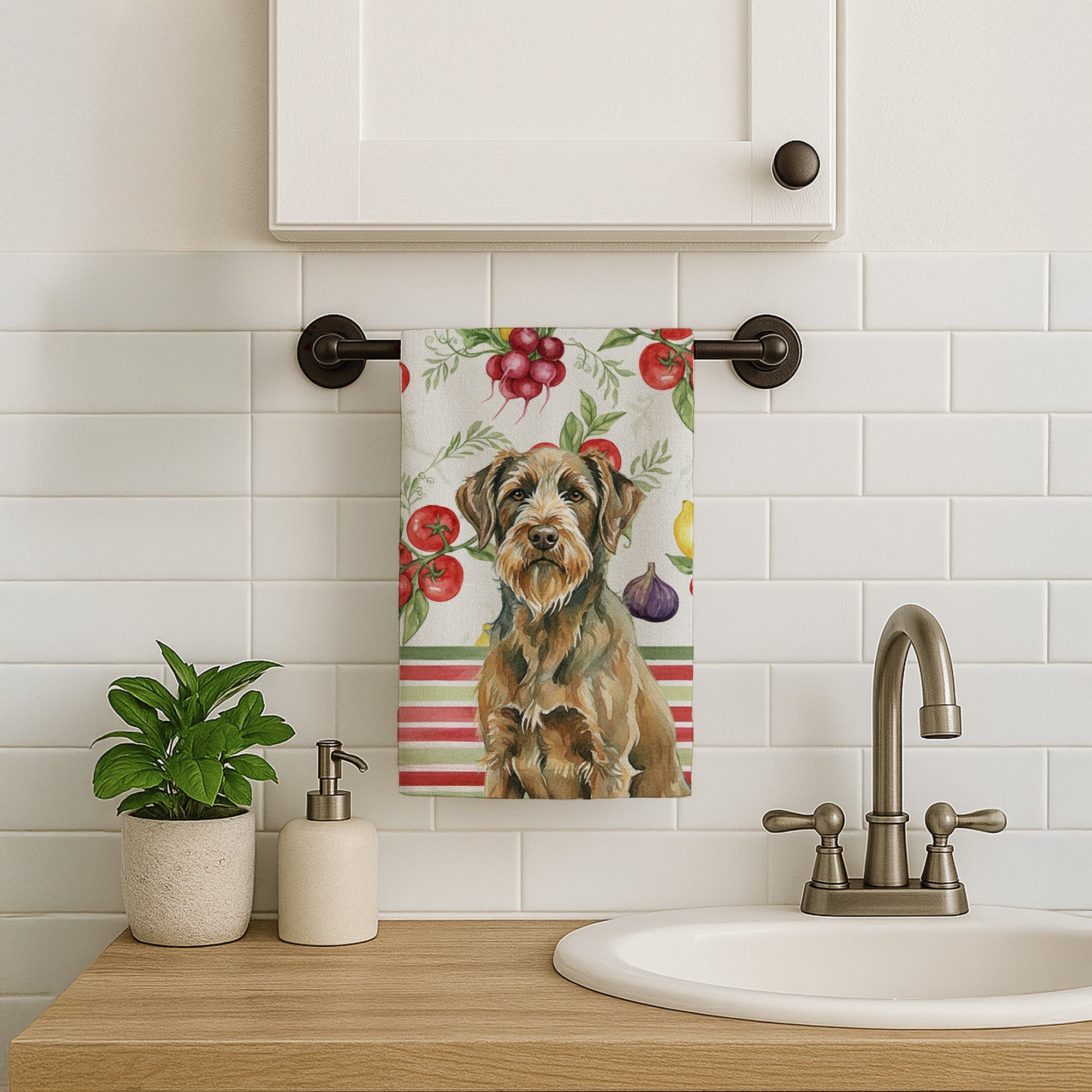 Chestnut Wirehaired Pointing Griffon Vegetables Kitchen Towel Velour Plush Front and Cotton Loop Back Machine Washable