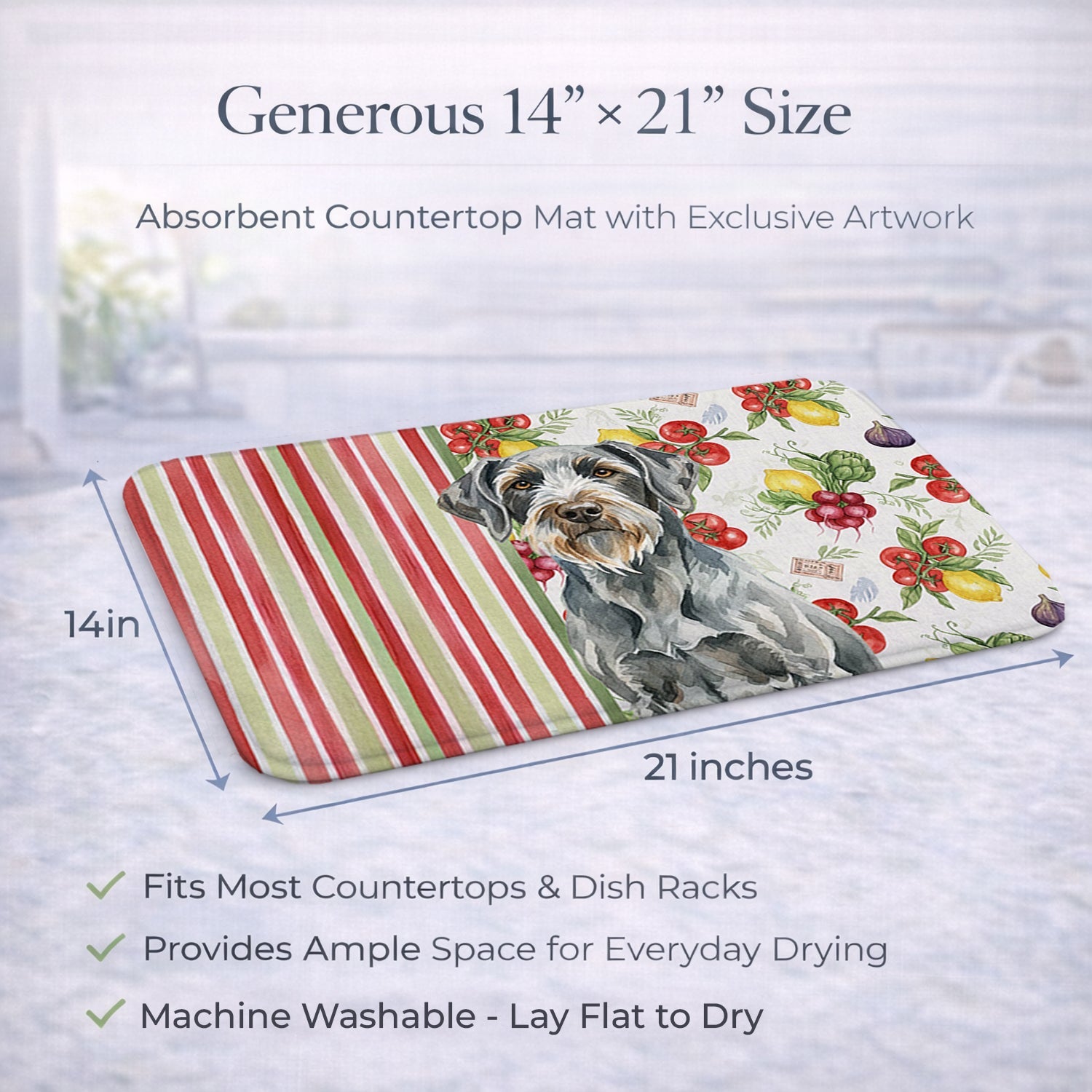 Steel Gray Wirehaired Pointing Griffon Vegetables Dish Drying Mat Absorbent Dish Drying Mat Pad for Kitchen Counter Dish Drainer Mat for Countertop, 14 x 21", Multicolor