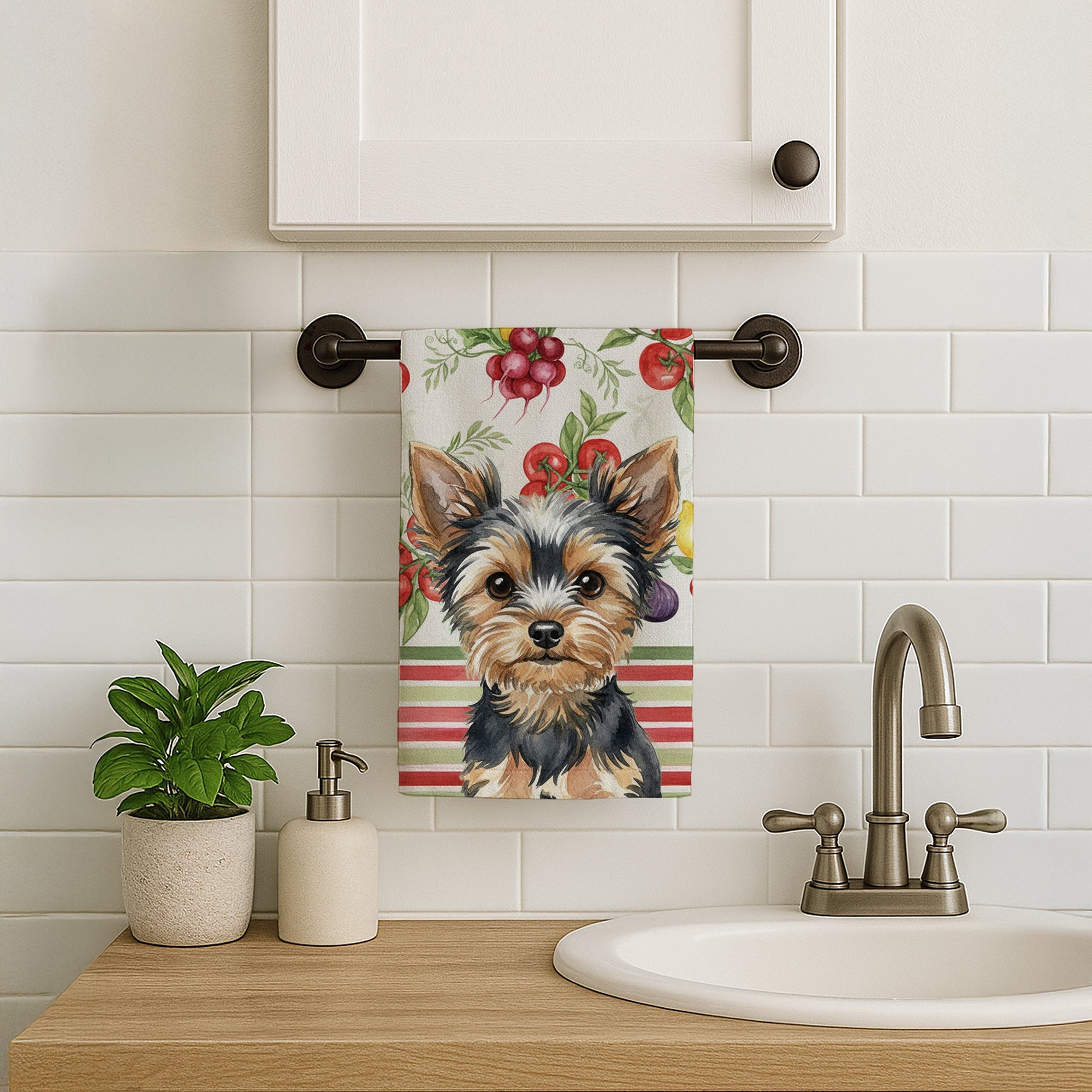 Black and Tan Yorkshire Terrier Vegetables Kitchen Towel Velour Plush Front and Cotton Loop Back Machine Washable