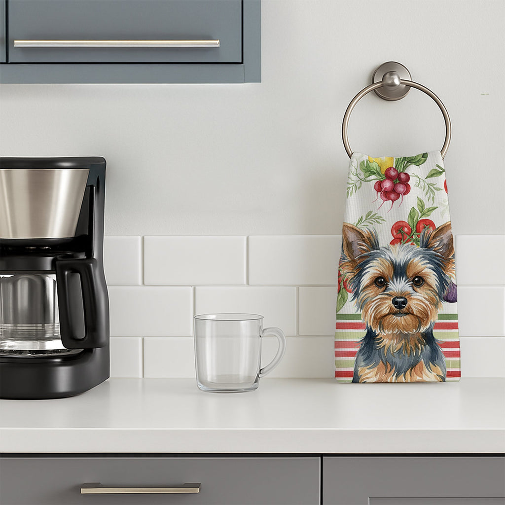 Blue and Tan Yorkshire Terrier Vegetables Kitchen Towel Velour Plush Front and Cotton Loop Back Machine Washable
