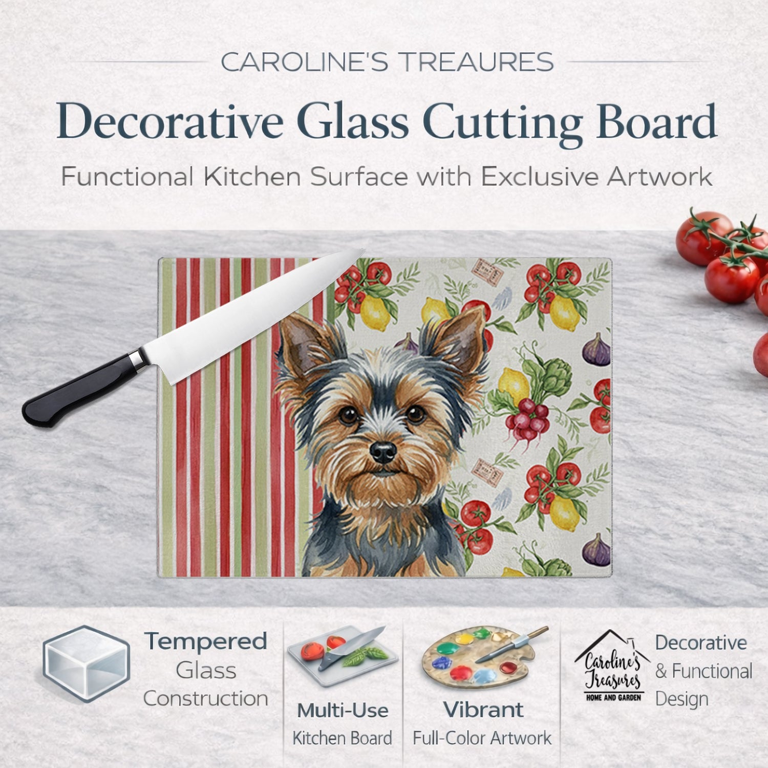Blue and Tan Yorkshire Terrier Vegetables Cutting Board Tempered Glass Kitchen Cutting Surface, Heat Resistant Chopping, Non-Slip Feet, Food Prep & Serving