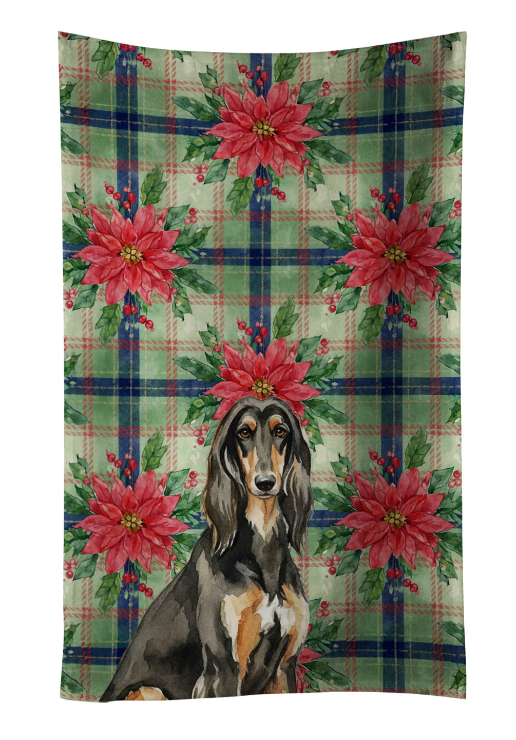 Black & Tan Afghan Hound Christmas PoinsettIas Kitchen Towel Velour Plush Front and Cotton Loop Back Machine Washable