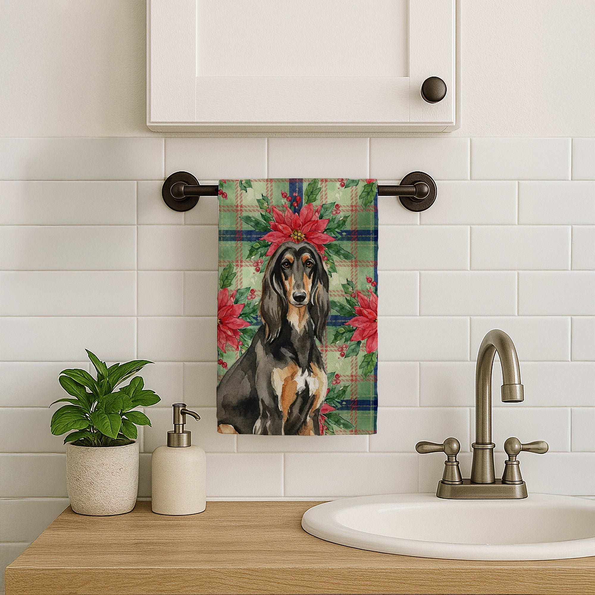 Black & Tan Afghan Hound Christmas PoinsettIas Kitchen Towel Velour Plush Front and Cotton Loop Back Machine Washable