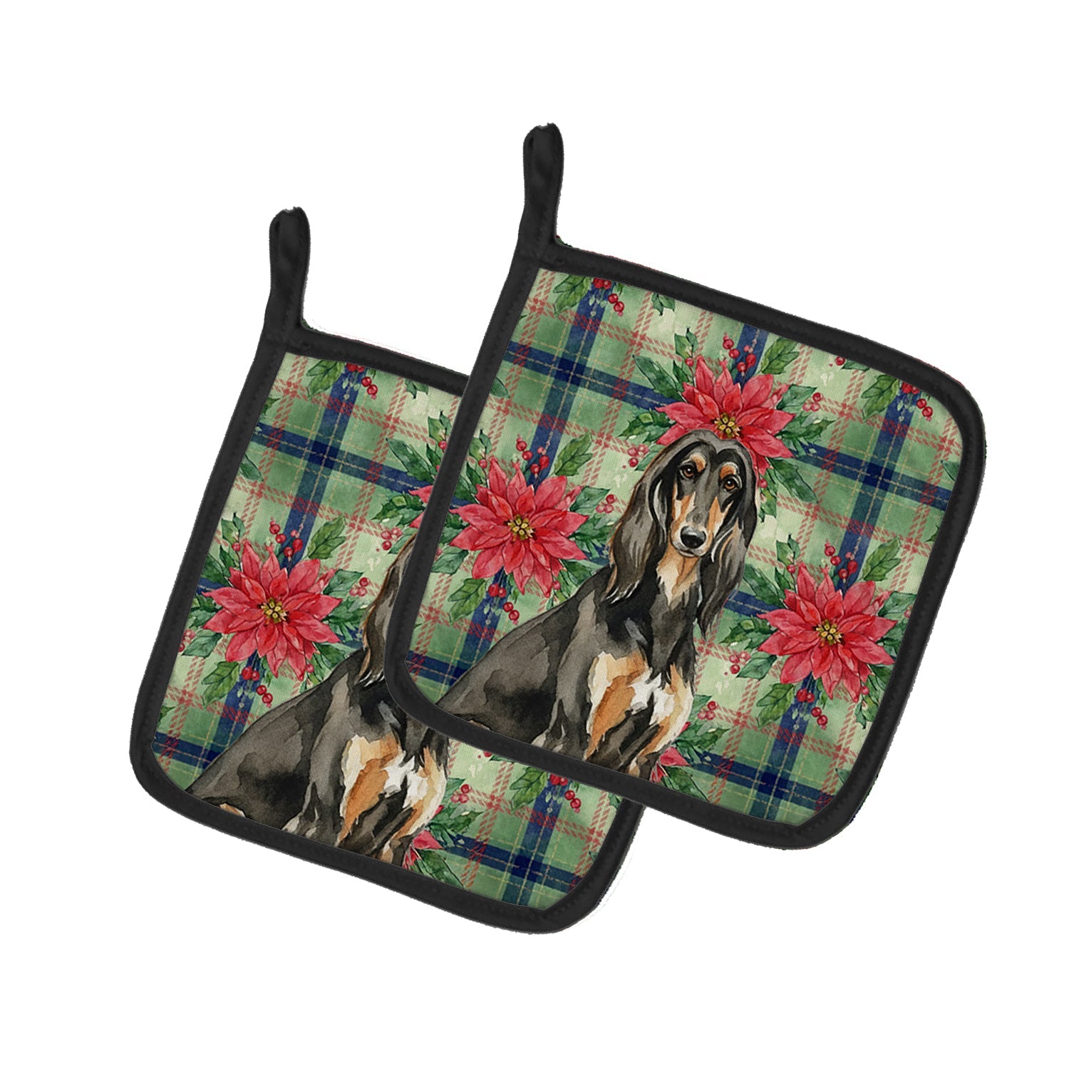 Black & Tan Afghan Hound Christmas PoinsettIas Pot Holder Set of 2 Heat Resistant Quilted Hot Pads 7.5 x 7.5 Inch, Insulated Kitchen Trivets for Cooking & Baking