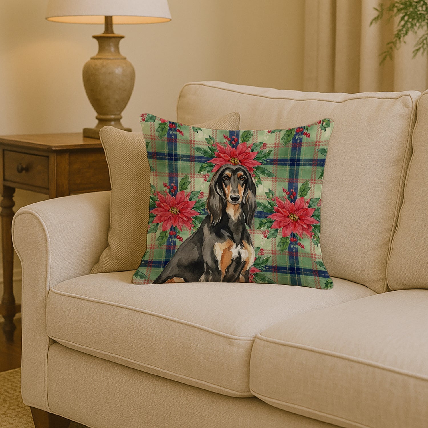Black & Tan Afghan Hound Christmas PoinsettIas Decorative Throw Pillow 14x14 Indoor Outdoor Accent Cushion, Fabric Cover with Insert for Sofa, Bed, Porch & Living Room