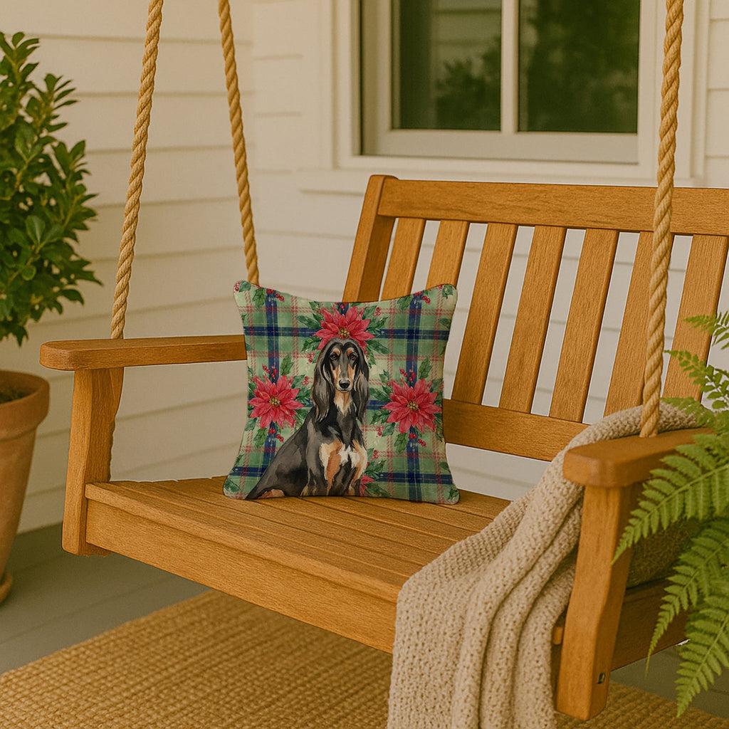 Black & Tan Afghan Hound Christmas PoinsettIas Decorative Throw Pillow 14x14 Indoor Outdoor Accent Cushion, Fabric Cover with Insert for Sofa, Bed, Porch & Living Room