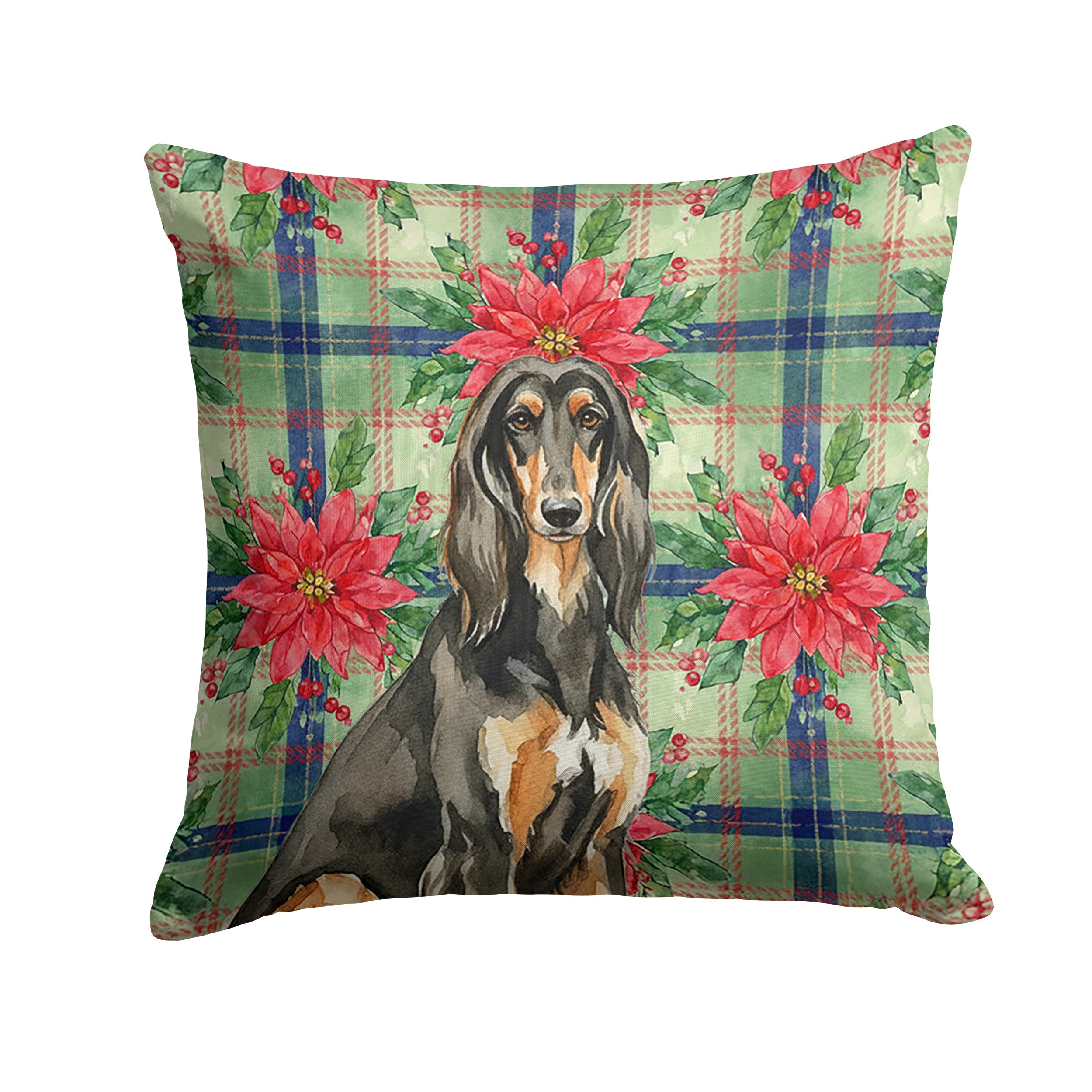 Black & Tan Afghan Hound Christmas PoinsettIas Decorative Throw Pillow 18x18 Indoor Outdoor Accent Cushion, Fabric Cover with Insert for Sofa, Bed, Porch & Living Room