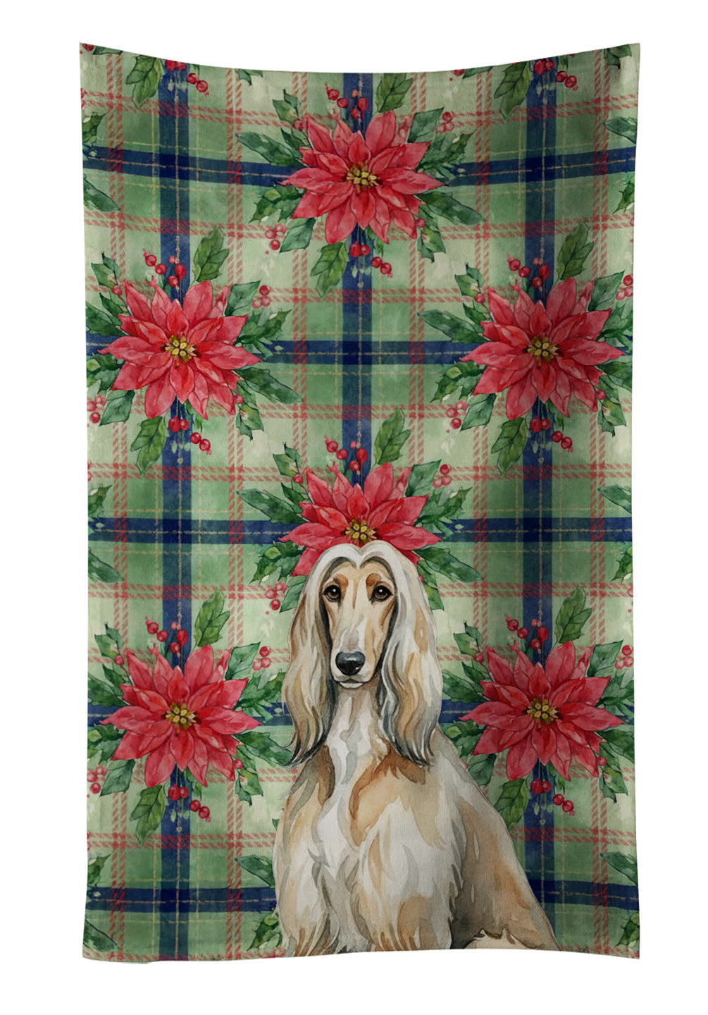 Afghan Hound Christmas PoinsettIas Kitchen Towel Velour Plush Front and Cotton Loop Back Machine Washable