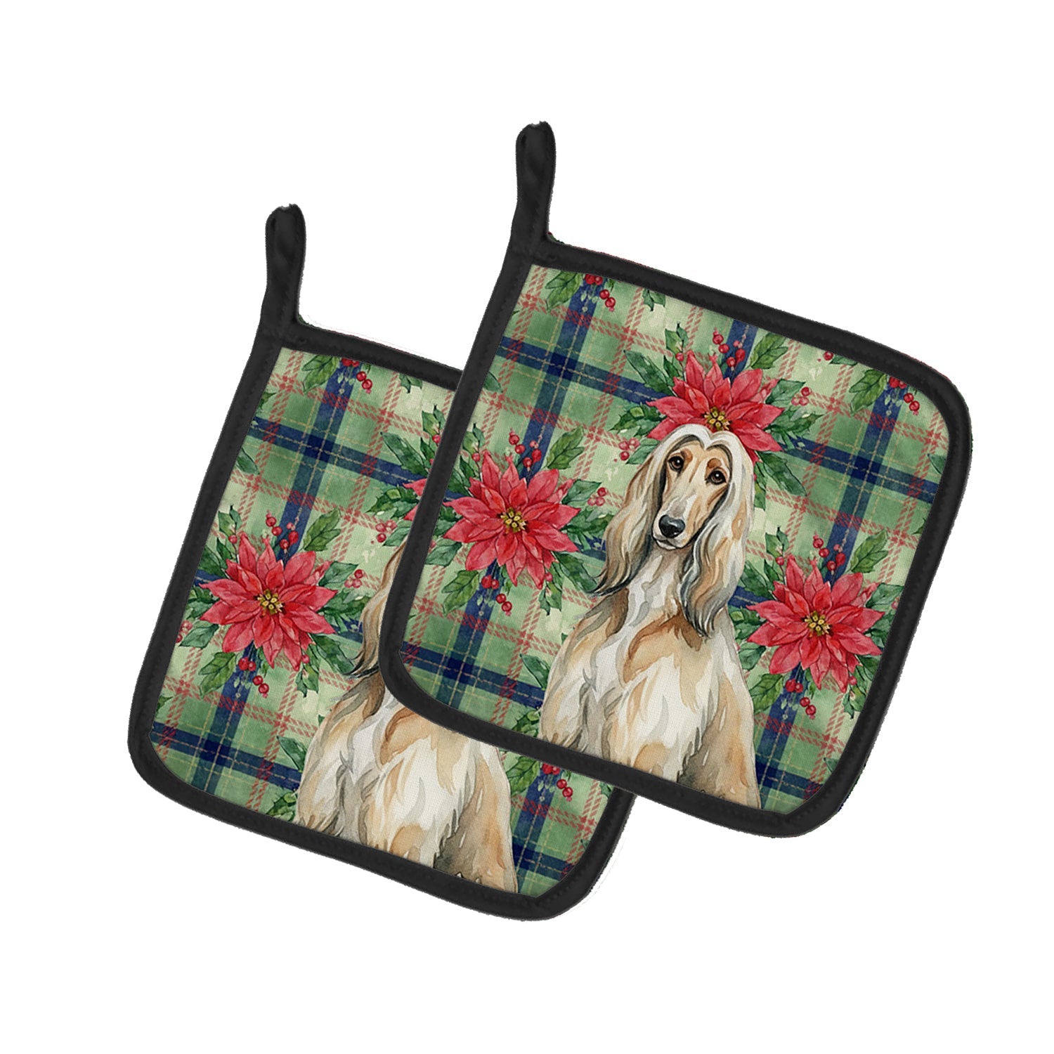 Afghan Hound Christmas PoinsettIas Pot Holder Set of 2 Heat Resistant Quilted Hot Pads 7.5 x 7.5 Inch, Insulated Kitchen Trivets for Cooking & Baking