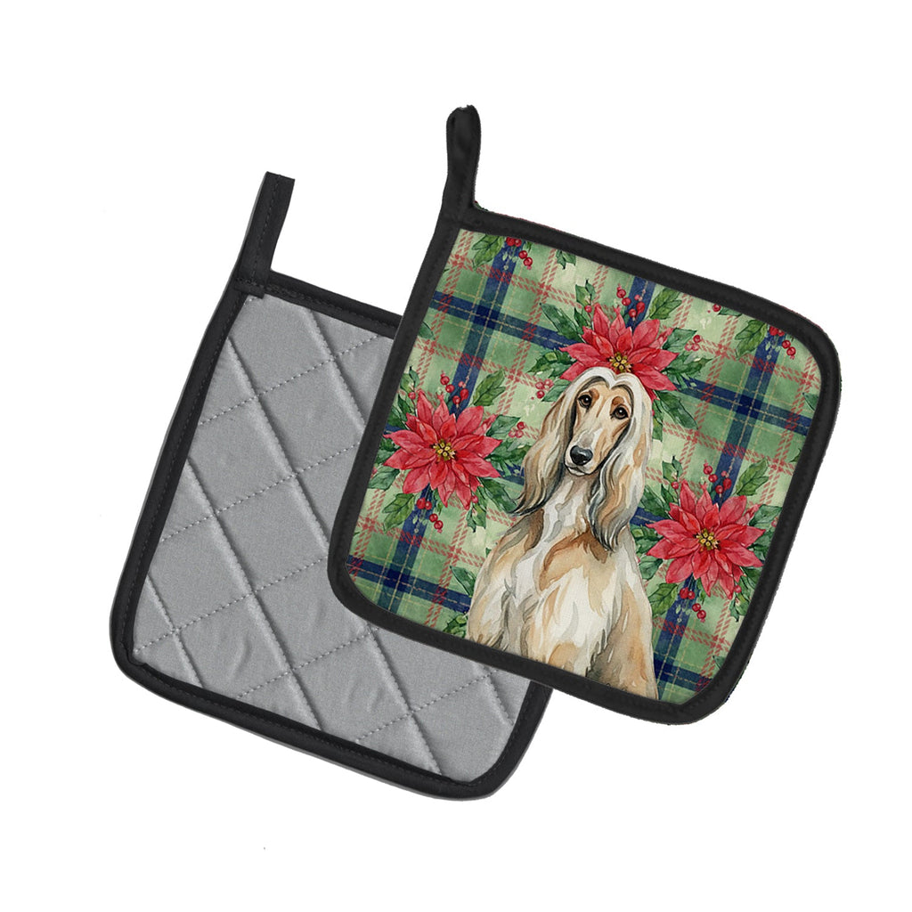 Afghan Hound Christmas PoinsettIas Pot Holder Set of 2 Heat Resistant Quilted Hot Pads 7.5 x 7.5 Inch, Insulated Kitchen Trivets for Cooking & Baking