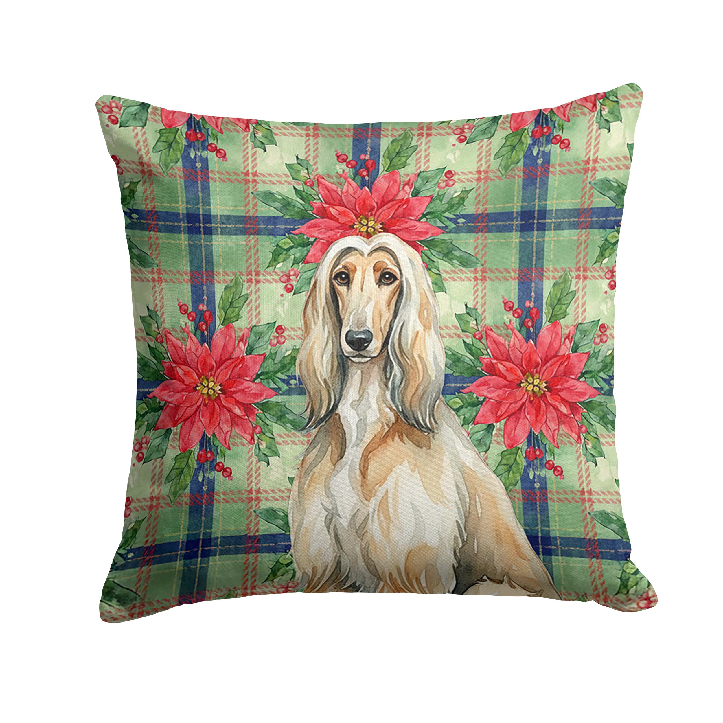 Afghan Hound Christmas PoinsettIas Decorative Throw Pillow 14x14 Indoor Outdoor Accent Cushion, Fabric Cover with Insert for Sofa, Bed, Porch & Living Room