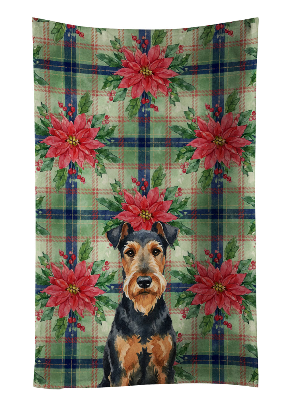 Airedale Terrier Christmas PoinsettIas Kitchen Towel Velour Plush Front and Cotton Loop Back Machine Washable