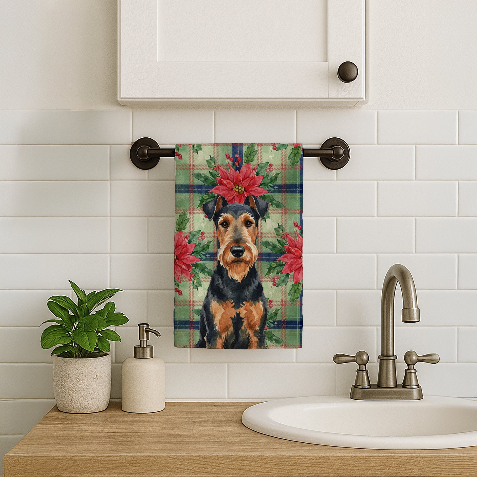 Airedale Terrier Christmas PoinsettIas Kitchen Towel Velour Plush Front and Cotton Loop Back Machine Washable