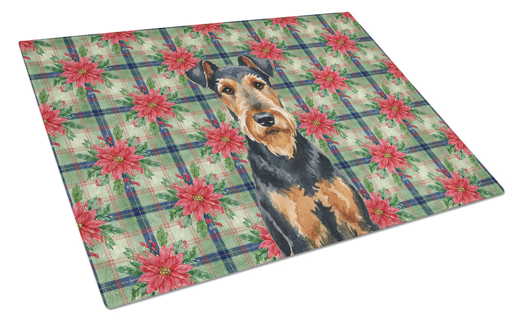 Airedale Terrier Christmas PoinsettIas Cutting Board Tempered Glass Kitchen Cutting Surface, Heat Resistant Chopping, Non-Slip Feet, Food Prep & Serving