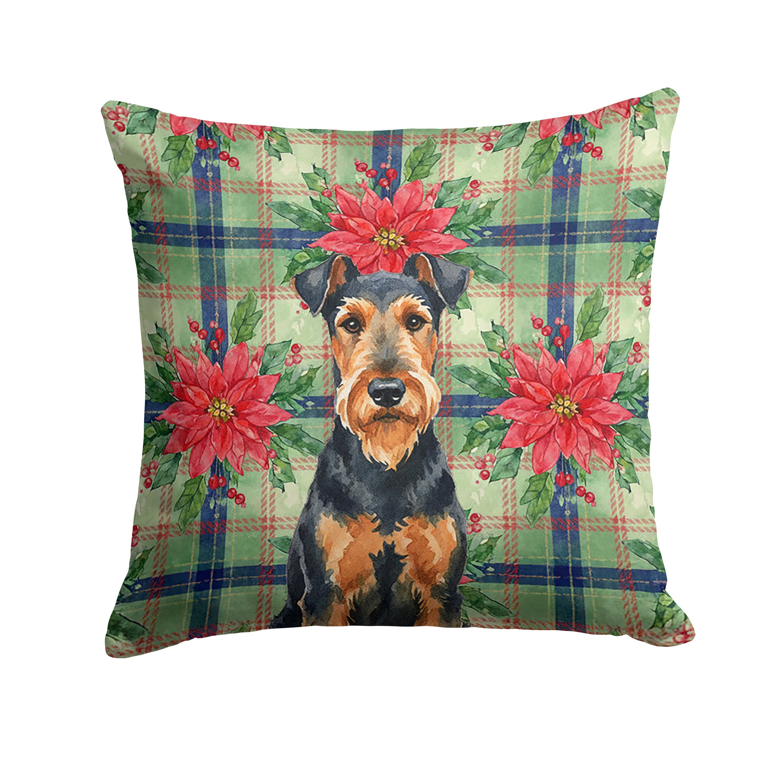 Airedale Terrier Christmas PoinsettIas Decorative Throw Pillow 14x14 Indoor Outdoor Accent Cushion, Fabric Cover with Insert for Sofa, Bed, Porch & Living Room