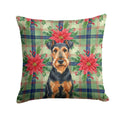Airedale Terrier Christmas PoinsettIas Decorative Throw Pillow 18x18 Indoor Outdoor Accent Cushion, Fabric Cover with Insert for Sofa, Bed, Porch & Living Room