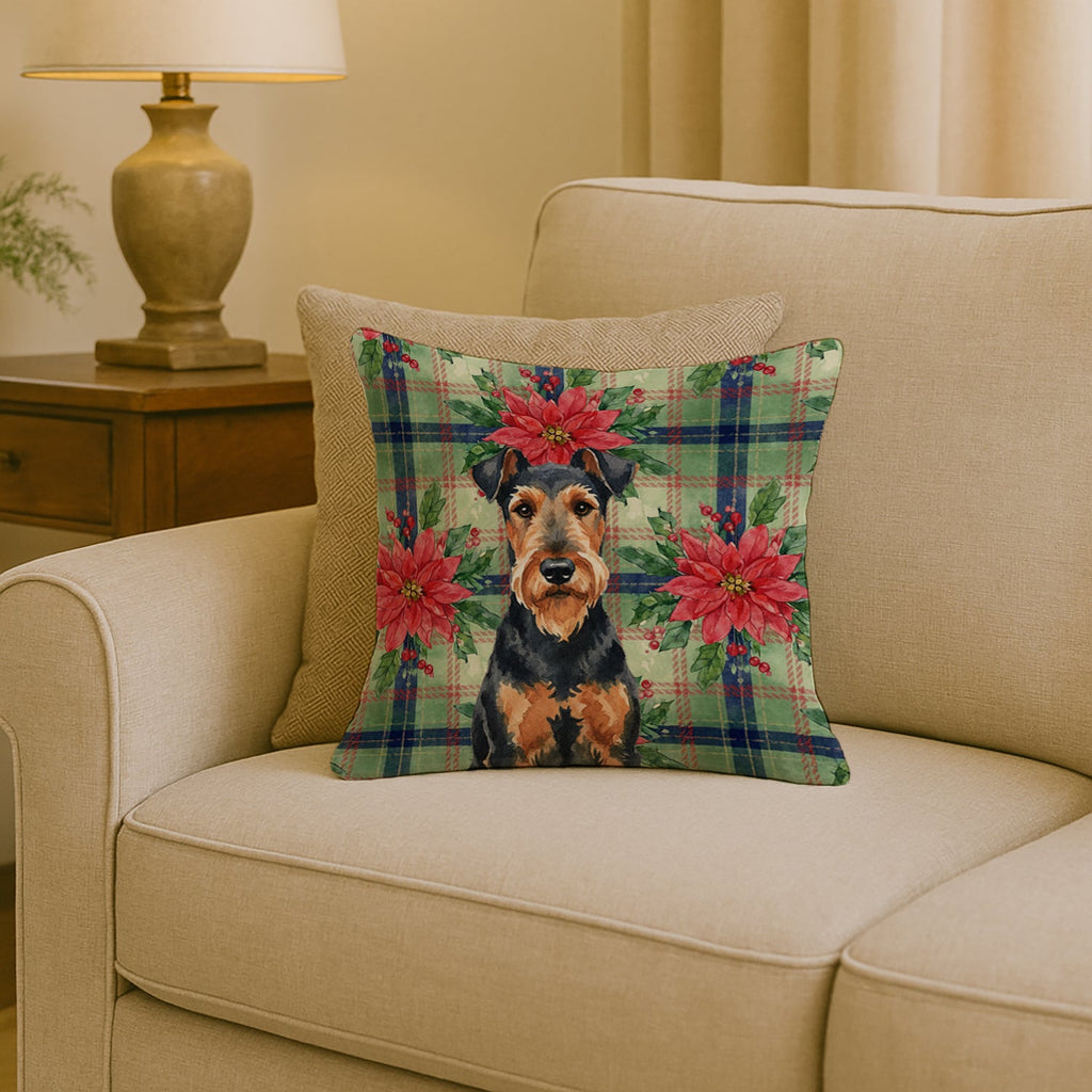 Airedale Terrier Christmas PoinsettIas Decorative Throw Pillow 18x18 Indoor Outdoor Accent Cushion, Fabric Cover with Insert for Sofa, Bed, Porch & Living Room