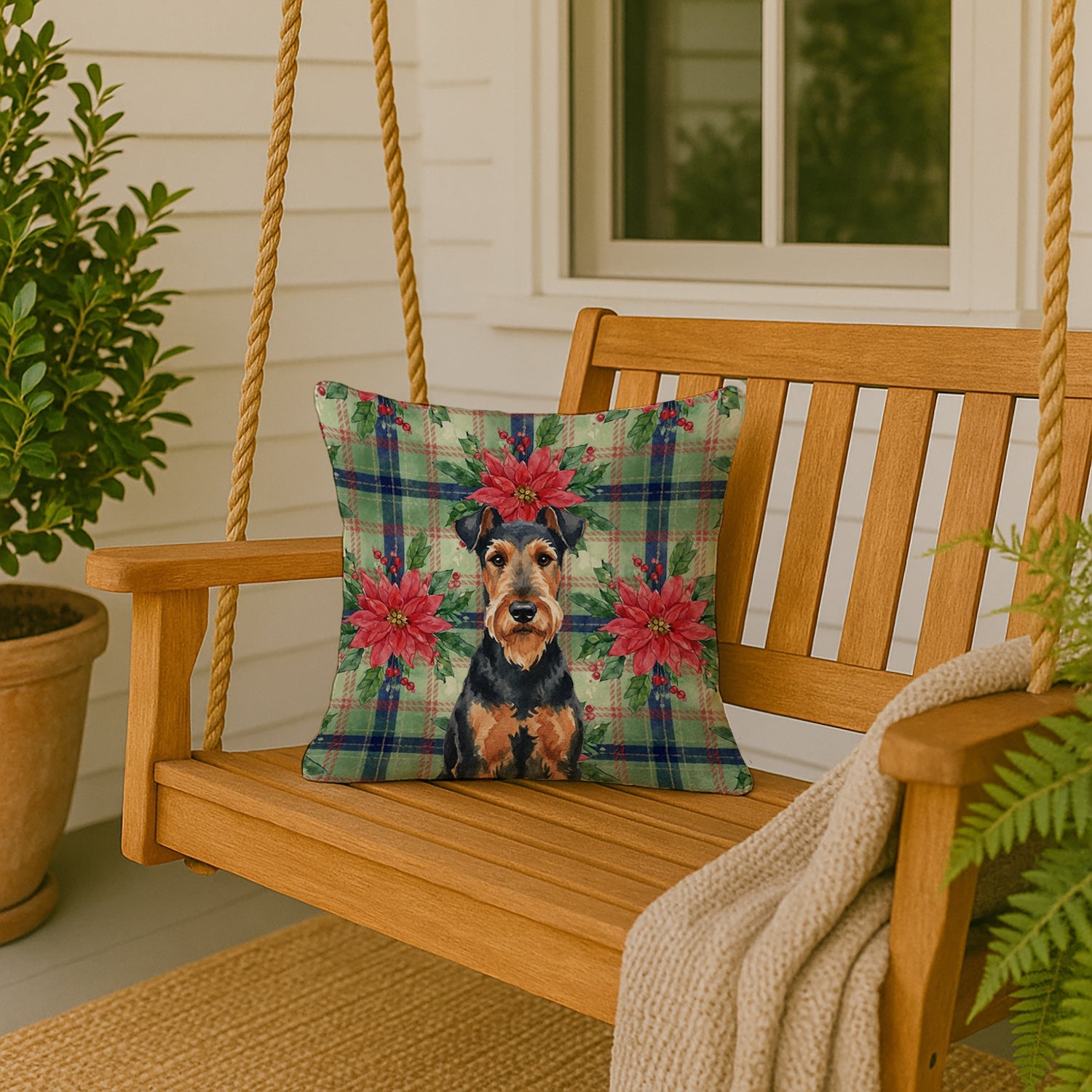 Airedale Terrier Christmas PoinsettIas Decorative Throw Pillow 18x18 Indoor Outdoor Accent Cushion, Fabric Cover with Insert for Sofa, Bed, Porch & Living Room