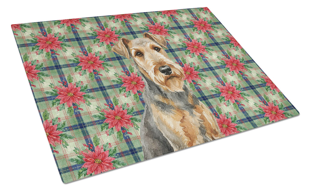 Grizzle Airedale Terrier Christmas PoinsettIas Cutting Board Tempered Glass Kitchen Cutting Surface, Heat Resistant Chopping, Non-Slip Feet, Food Prep & Serving