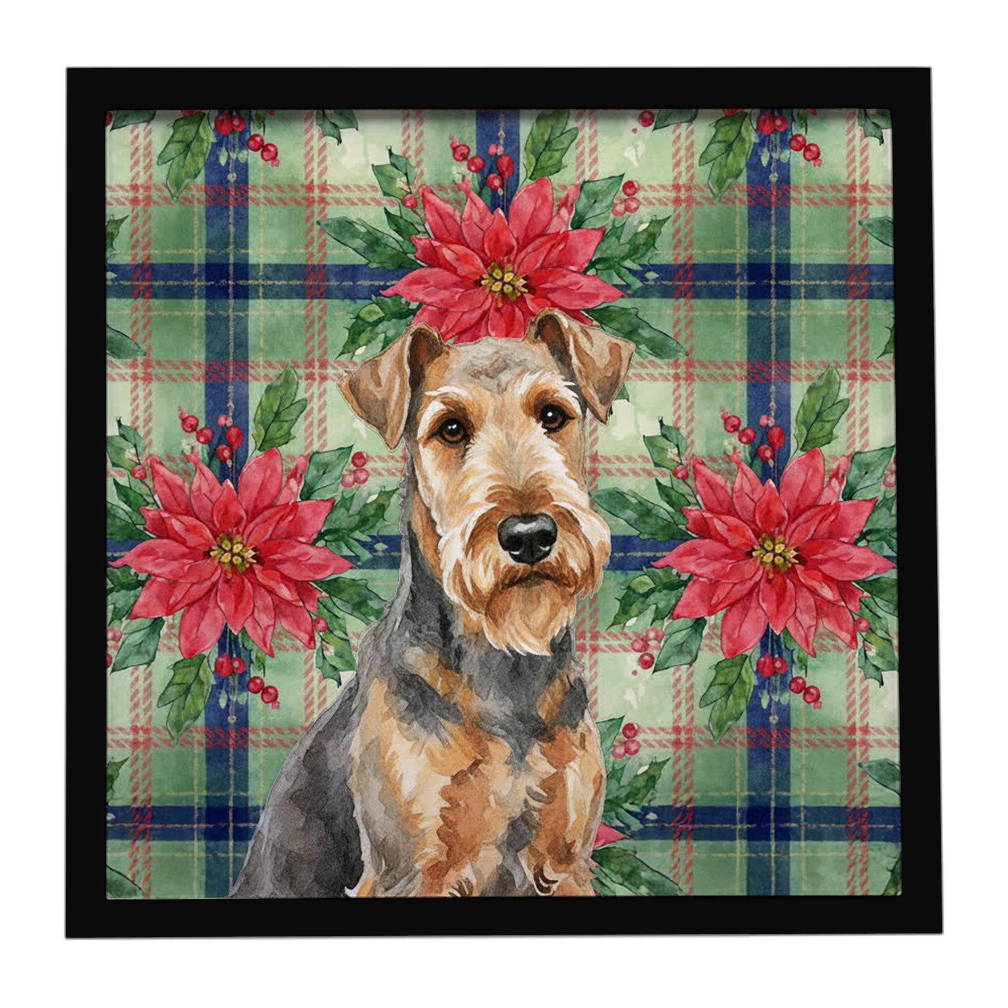 Grizzle Airedale Terrier Christmas PoinsettIas Framed Metal Print Bathroom, Kitchen, Office, Home Decor Wall Art Ready to Hang, Square, 8X8