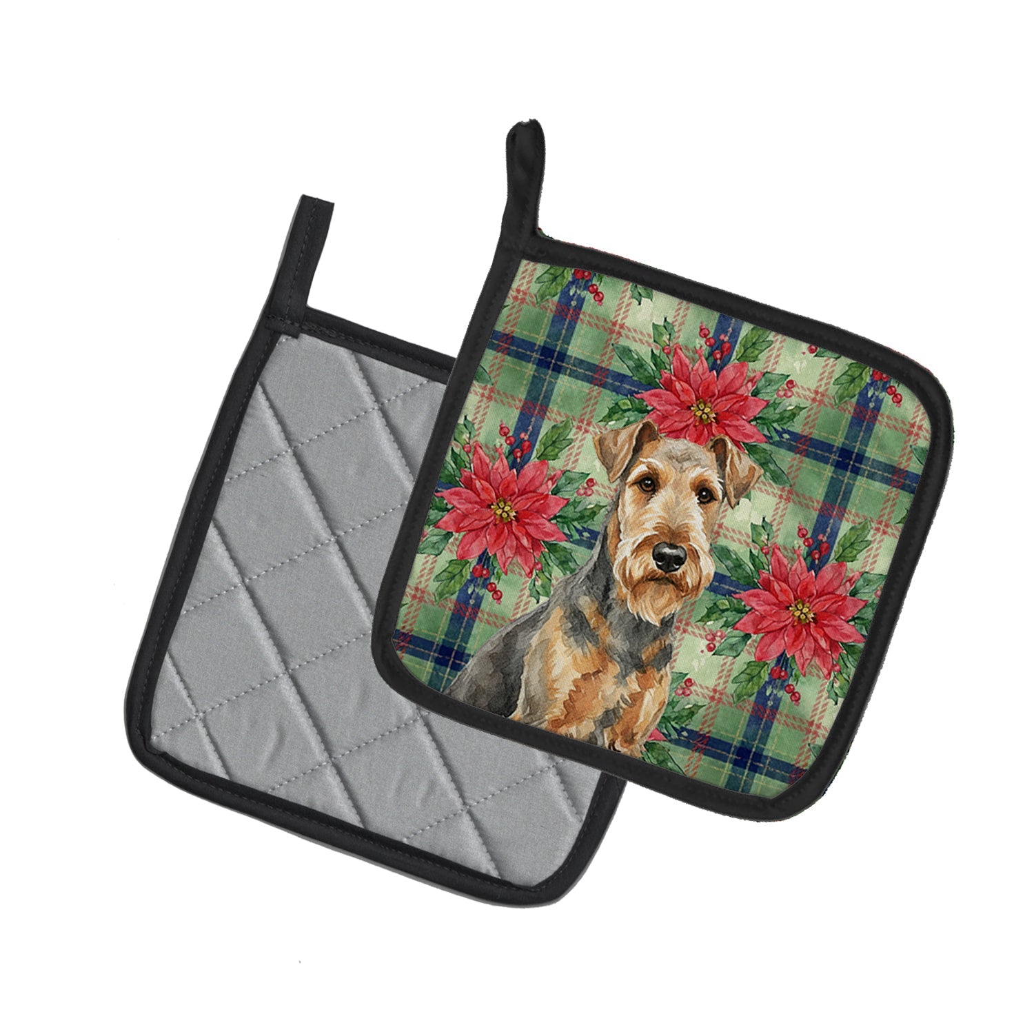 Grizzle Airedale Terrier Christmas PoinsettIas Pot Holder Set of 2 Heat Resistant Quilted Hot Pads 7.5 x 7.5 Inch, Insulated Kitchen Trivets for Cooking & Baking