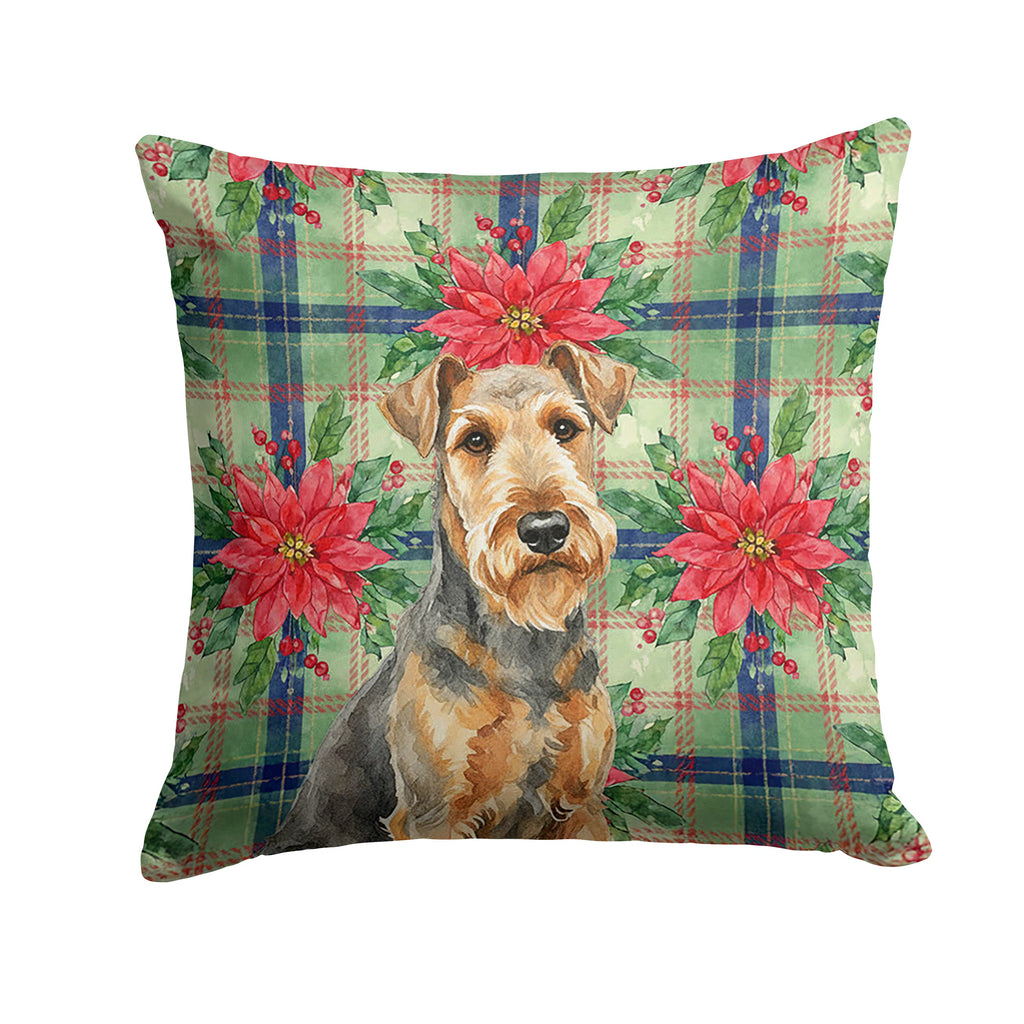Grizzle Airedale Terrier Christmas PoinsettIas Decorative Throw Pillow 14x14 Indoor Outdoor Accent Cushion, Fabric Cover with Insert for Sofa, Bed, Porch & Living Room
