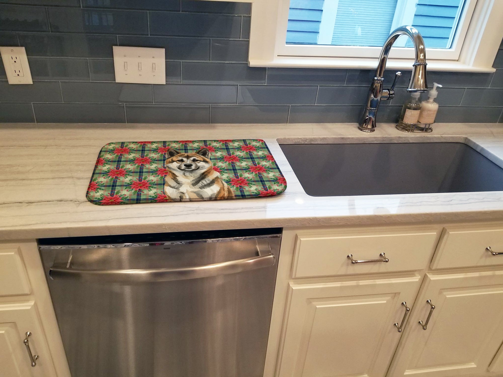 Brindle Akita Christmas PoinsettIas Dish Drying Mat Absorbent Dish Drying Mat Pad for Kitchen Counter Dish Drainer Mat for Countertop, 14 x 21", Multicolor