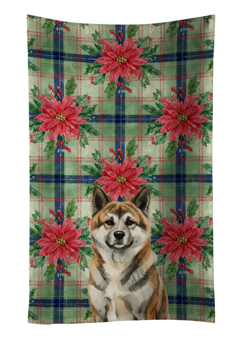 Brindle Akita Christmas PoinsettIas Kitchen Towel Velour Plush Front and Cotton Loop Back Machine Washable