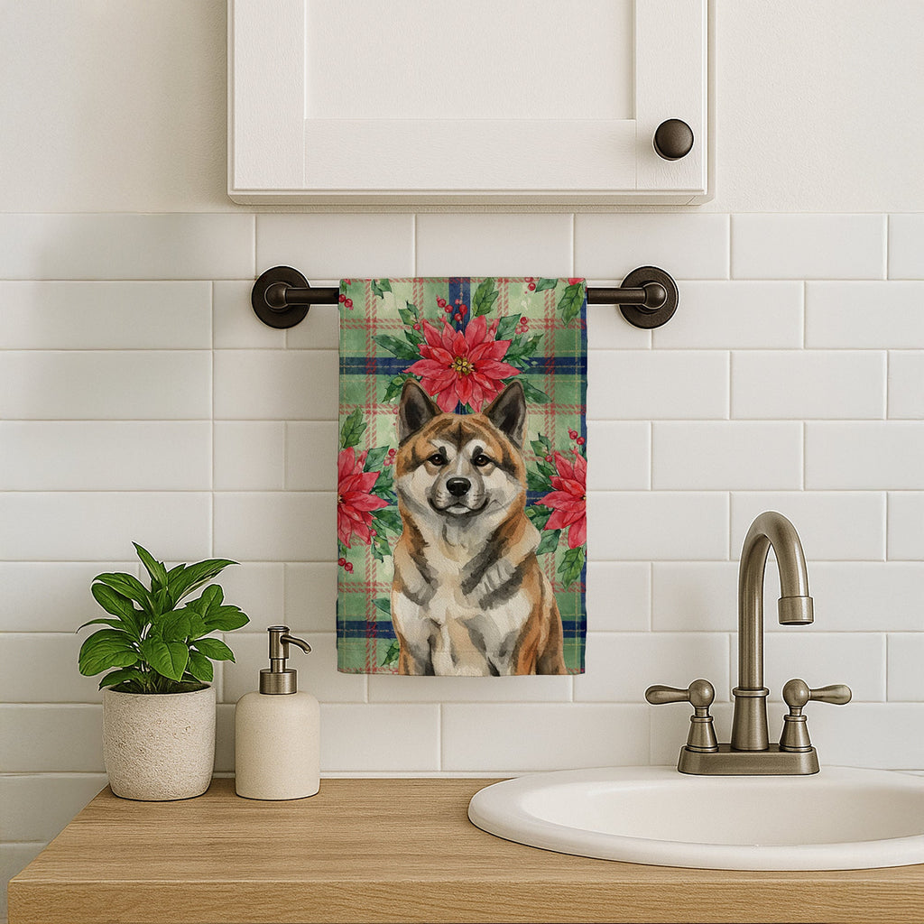 Brindle Akita Christmas PoinsettIas Kitchen Towel Velour Plush Front and Cotton Loop Back Machine Washable