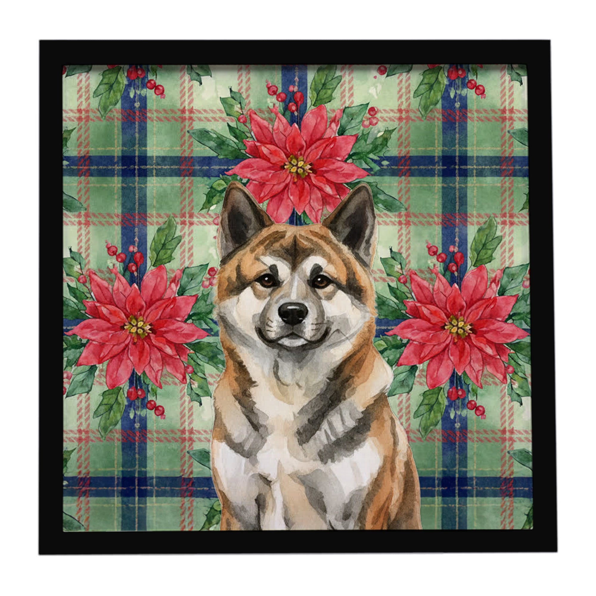 Brindle Akita Christmas PoinsettIas Framed Metal Print Bathroom, Kitchen, Office, Home Decor Wall Art Ready to Hang, Square, 8X8