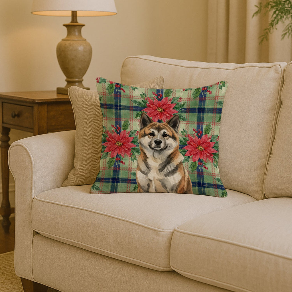 Brindle Akita Christmas PoinsettIas Decorative Throw Pillow 14x14 Indoor Outdoor Accent Cushion, Fabric Cover with Insert for Sofa, Bed, Porch & Living Room