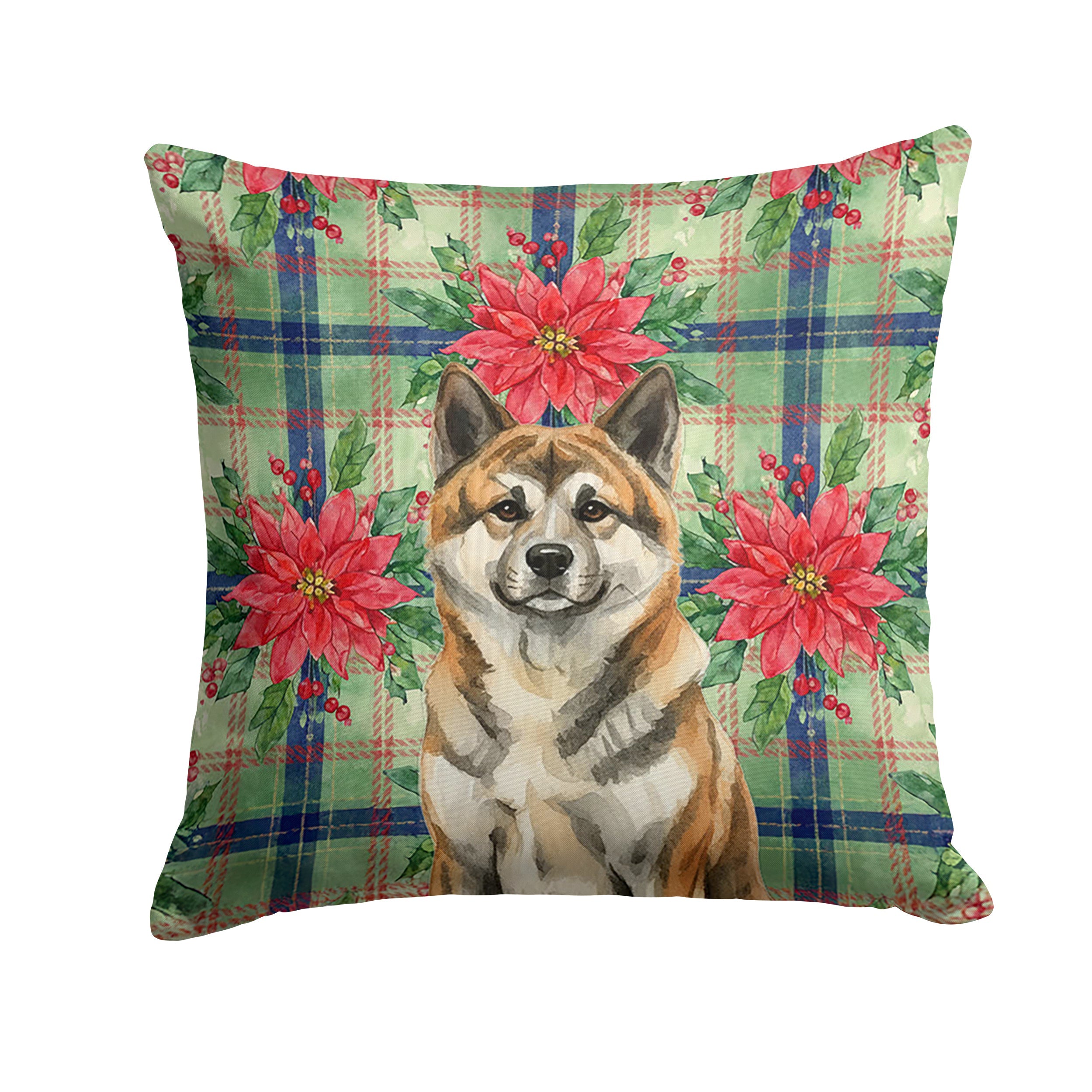 Brindle Akita Christmas PoinsettIas Decorative Throw Pillow 18x18 Indoor Outdoor Accent Cushion, Fabric Cover with Insert for Sofa, Bed, Porch & Living Room