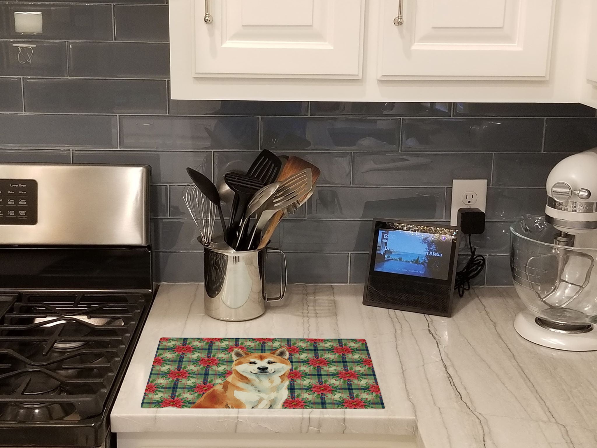 Red Akita Christmas PoinsettIas Cutting Board Tempered Glass Kitchen Cutting Surface, Heat Resistant Chopping, Non-Slip Feet, Food Prep & Serving