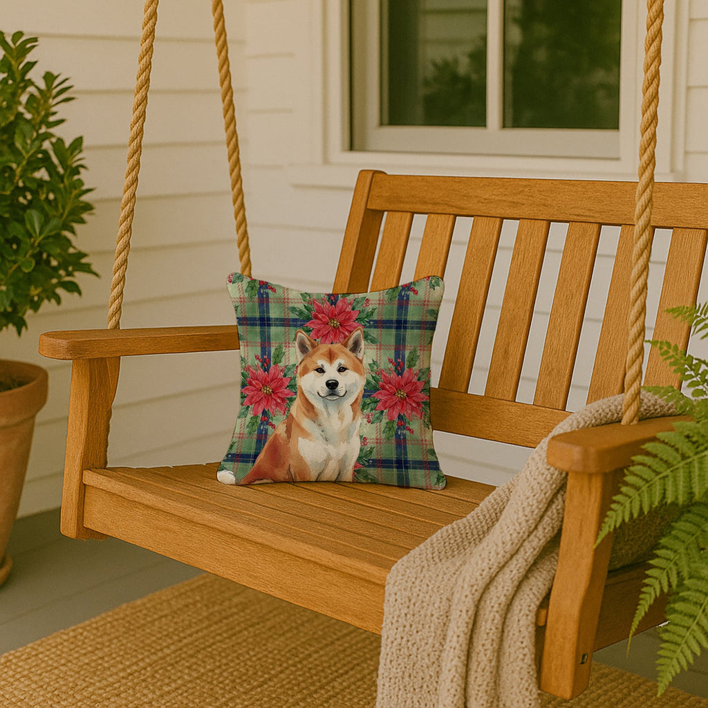 Red Akita Christmas PoinsettIas Decorative Throw Pillow 14x14 Indoor Outdoor Accent Cushion, Fabric Cover with Insert for Sofa, Bed, Porch & Living Room