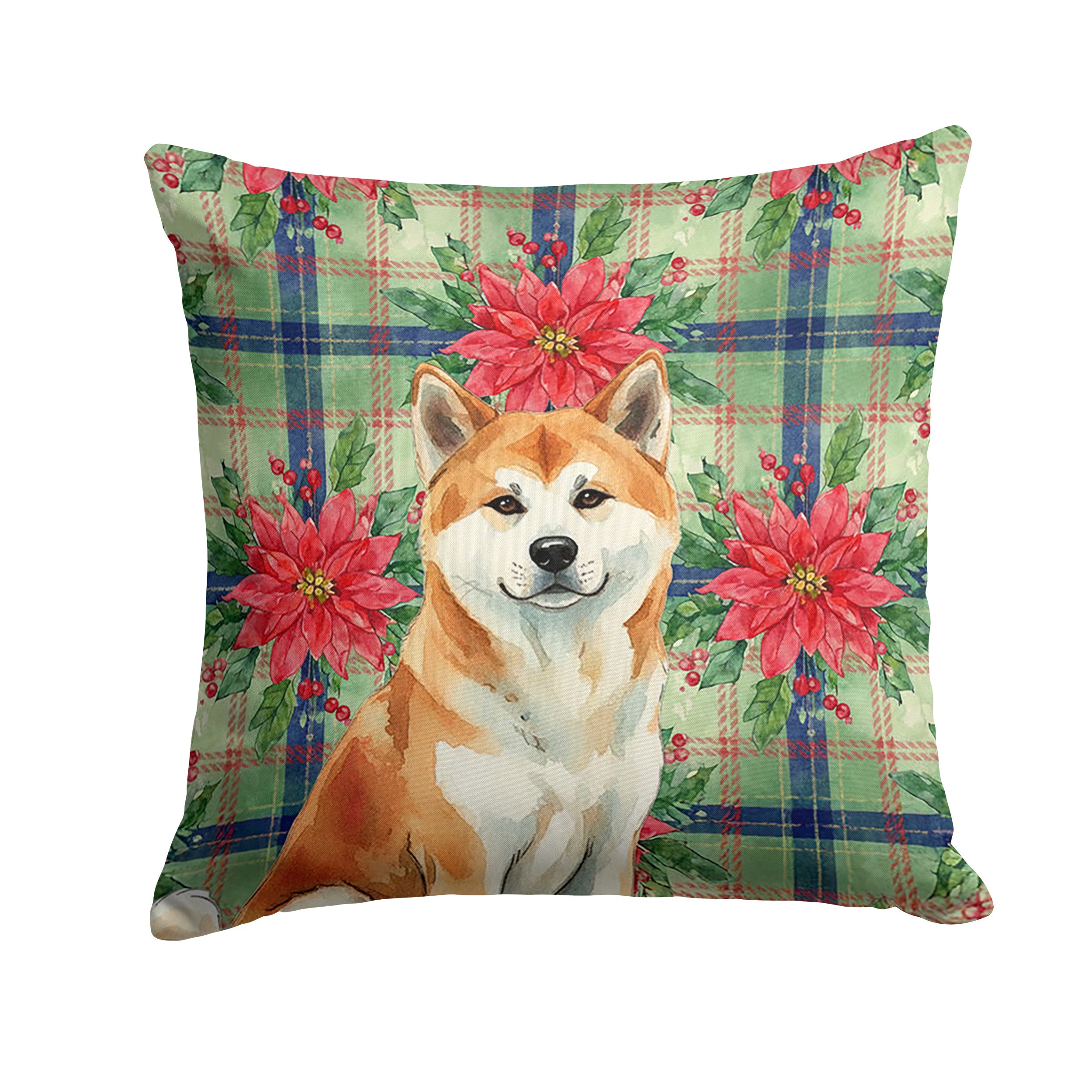 Red Akita Christmas PoinsettIas Decorative Throw Pillow 18x18 Indoor Outdoor Accent Cushion, Fabric Cover with Insert for Sofa, Bed, Porch & Living Room