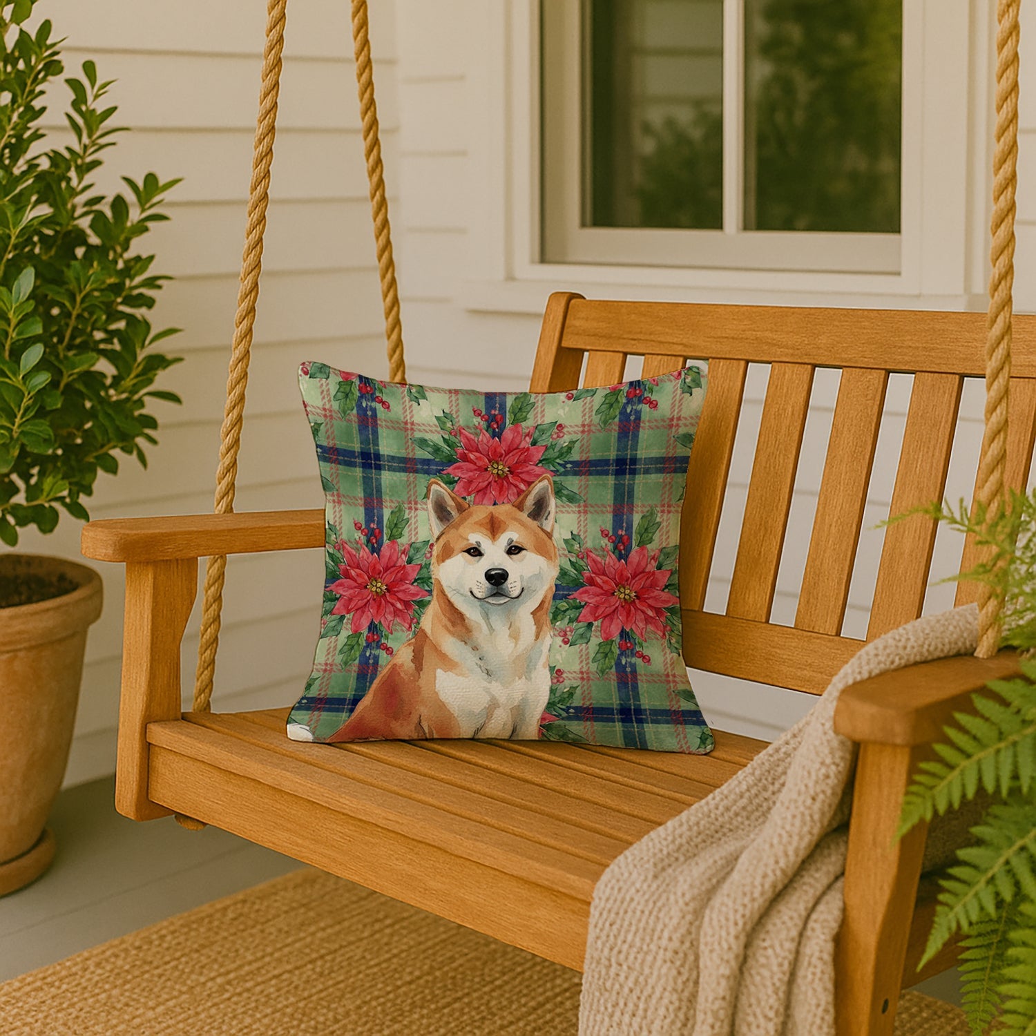 Red Akita Christmas PoinsettIas Decorative Throw Pillow 18x18 Indoor Outdoor Accent Cushion, Fabric Cover with Insert for Sofa, Bed, Porch & Living Room