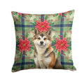 Sesame Akita Christmas PoinsettIas Decorative Throw Pillow 18x18 Indoor Outdoor Accent Cushion, Fabric Cover with Insert for Sofa, Bed, Porch & Living Room